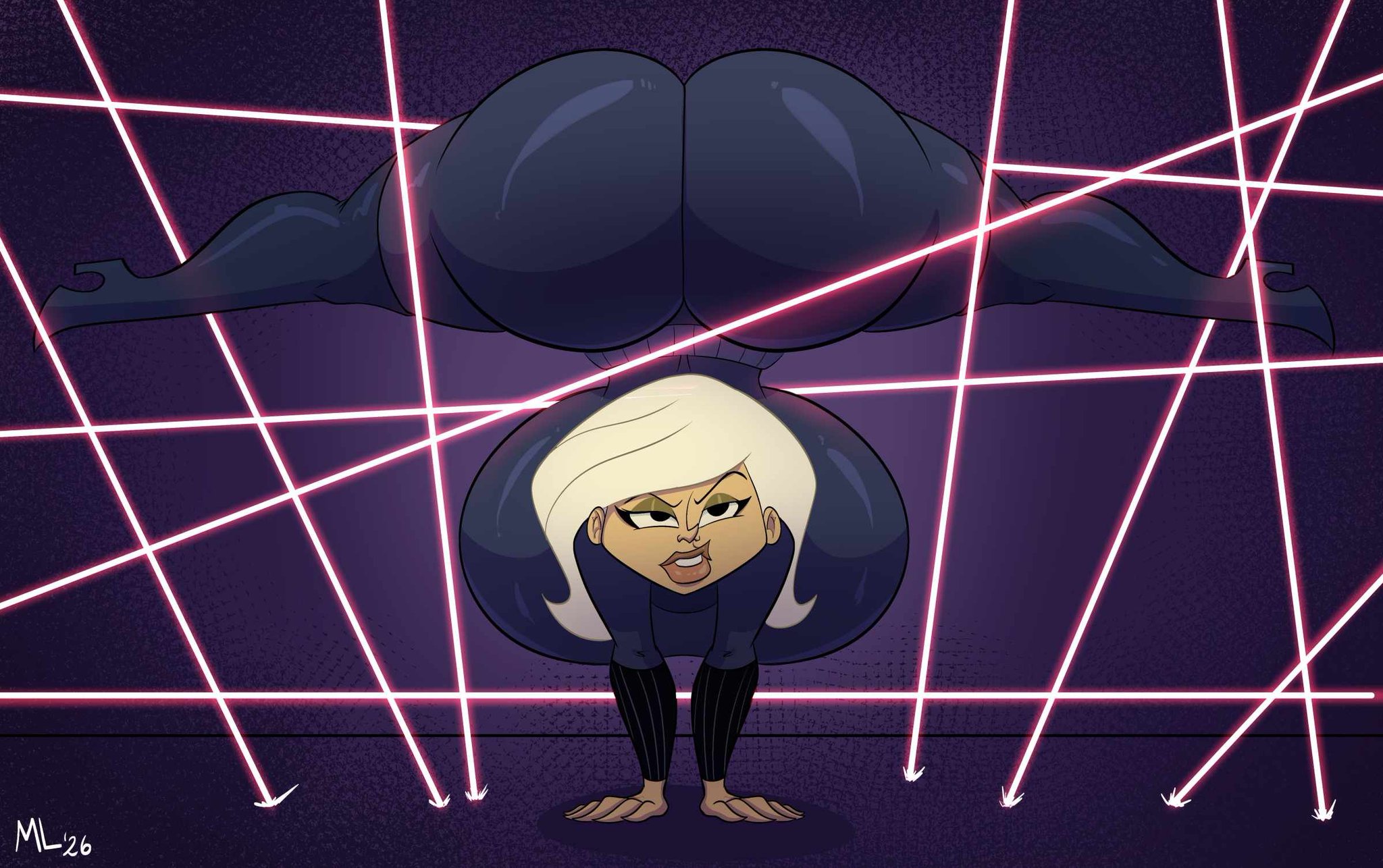 1girls, 2026, agent k, ameizing lewds, big ass, big breasts, big thighs, breasts, bust, busty, curvaceous, curvy, curvy figure, digital media (artwork), disney, female, flexible, handstand, handstand with split pose, hips, hourglass figure, huge ass, huge breasts, huge thighs, k daring, kaoskatsu, karen daring, karen mildred daring, large ass, large breasts, large thighs, laser beam, legs, light skin, light-skinned female, lips, mature, mature female, milf, mother, pale-skinned female, platinum blonde hair, purple background, slim waist, solo, splits, the replacements, thick, thick hips, thick legs, thick thighs, thighs, voluptuous, waist, wide hips, wide thighs