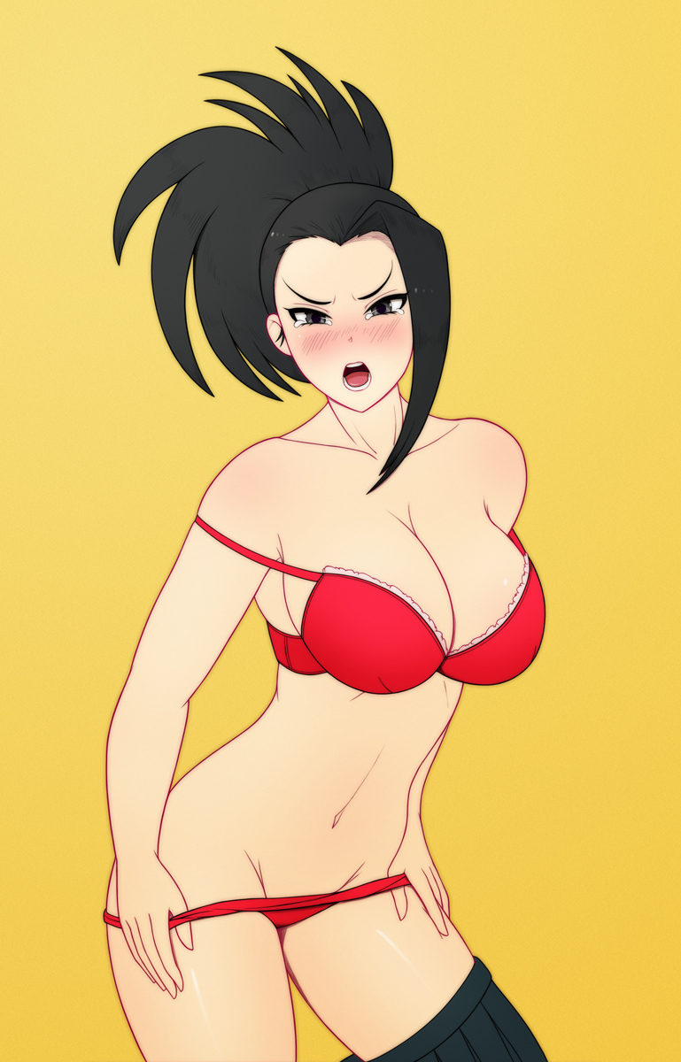 1girls angry babyserval_(artist) blush clothed clothing female female_only human light_skin momo_yaoyorozu mostly_nude my_hero_academia solo tagme undressing