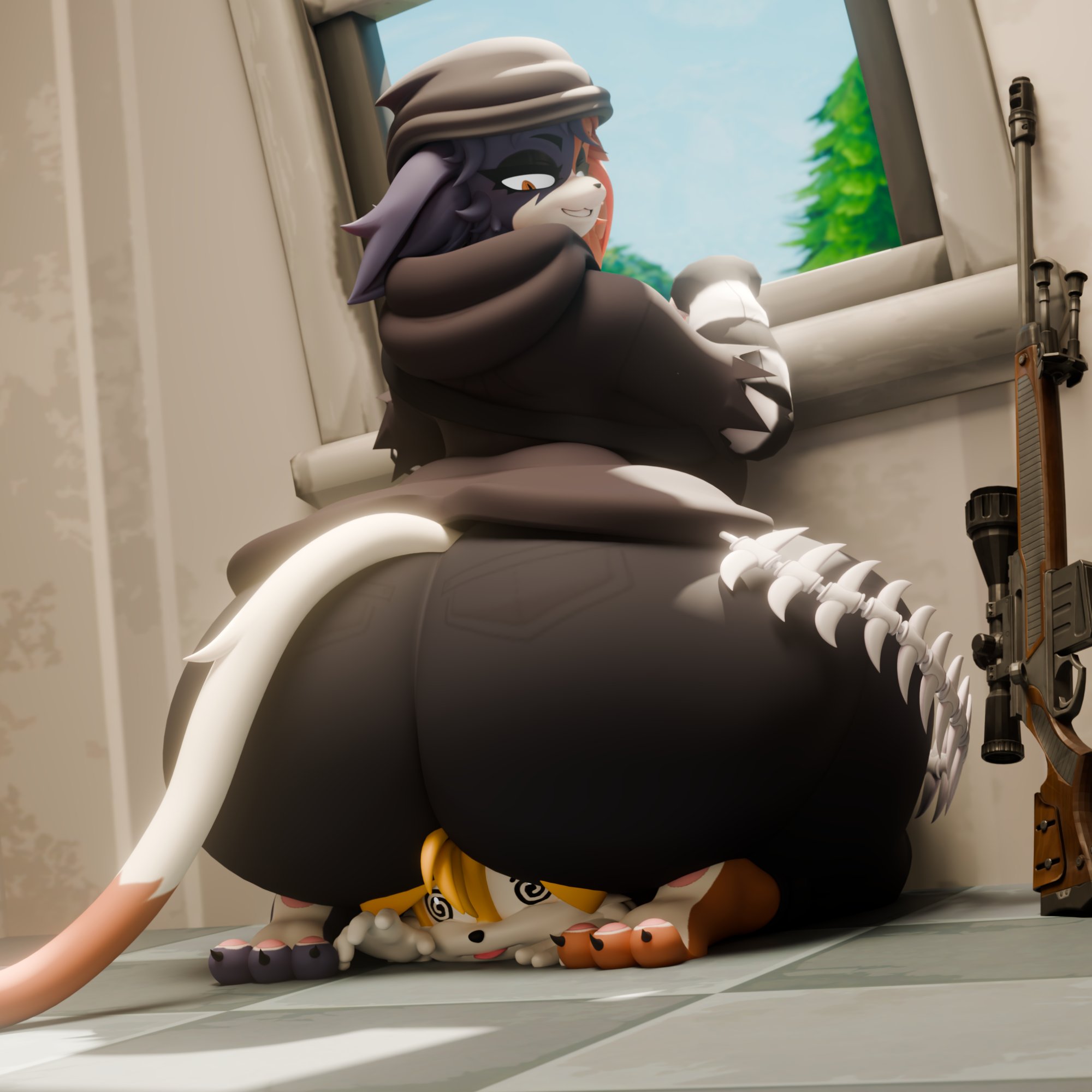 1boy, 1girl, 3d, anthro, anthro on anthro, anthro only, ass, ass focus, big ass, big butt, black hoodie, black pants, black sweater, brown body, brown fur, butt, butt focus, cat, cat ears, cat girl, cat tail, clothing, crouched, crouching, crouching female, crushing, epic games, feline, felis, fortnite, fortnite: battle royale, fox, fox ears, furry, furry female, furry male, furry only, hoodie, looking at partner, looking down, looking down at partner, looking out window, meow skulls (fortnite), meow skulls (nonarycubed), meowskulls, miles tails prower, multicolored body, multicolored fur, pants, sega, sitting, sitting on another, sitting on partner, sitting on person, sniper, sniper rifle, sonic (series), sonic the hedgehog (series), sticking out tongue, supasuparare, sweater, swirly eyes, tails the fox, thick, thick ass, thick legs, thick thighs, under ass, under butt, window, yellow body, yellow fur
