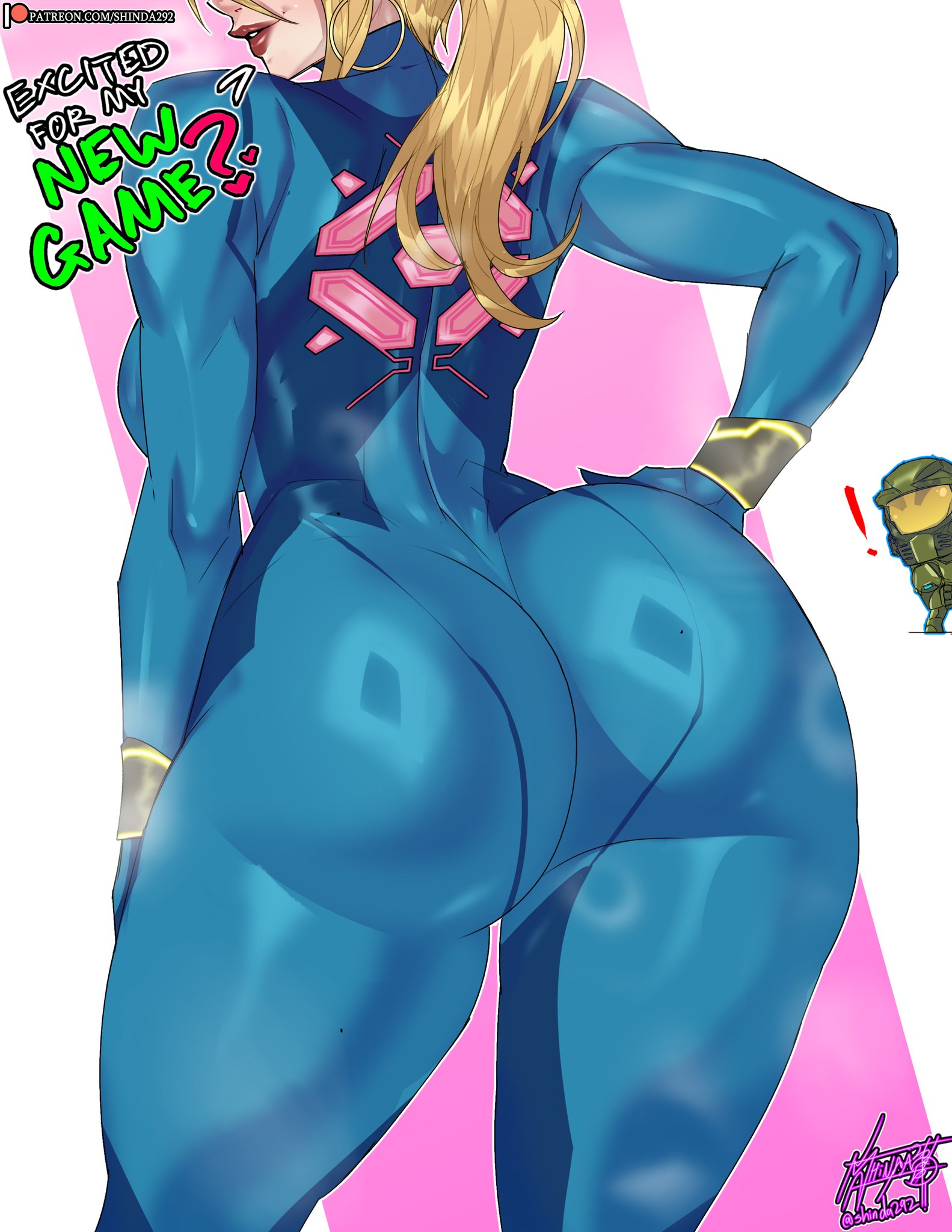 ass, ass focus, big ass, big butt, blonde, blonde female, blonde hair, bubble ass, bubble butt, butt, fat ass, fat butt, female, female focus, large ass, large butt, latex, latex clothing, master chief, metroid, red lipstick, samus aran, shinda292, tight clothing, tight fit, zero suit samus