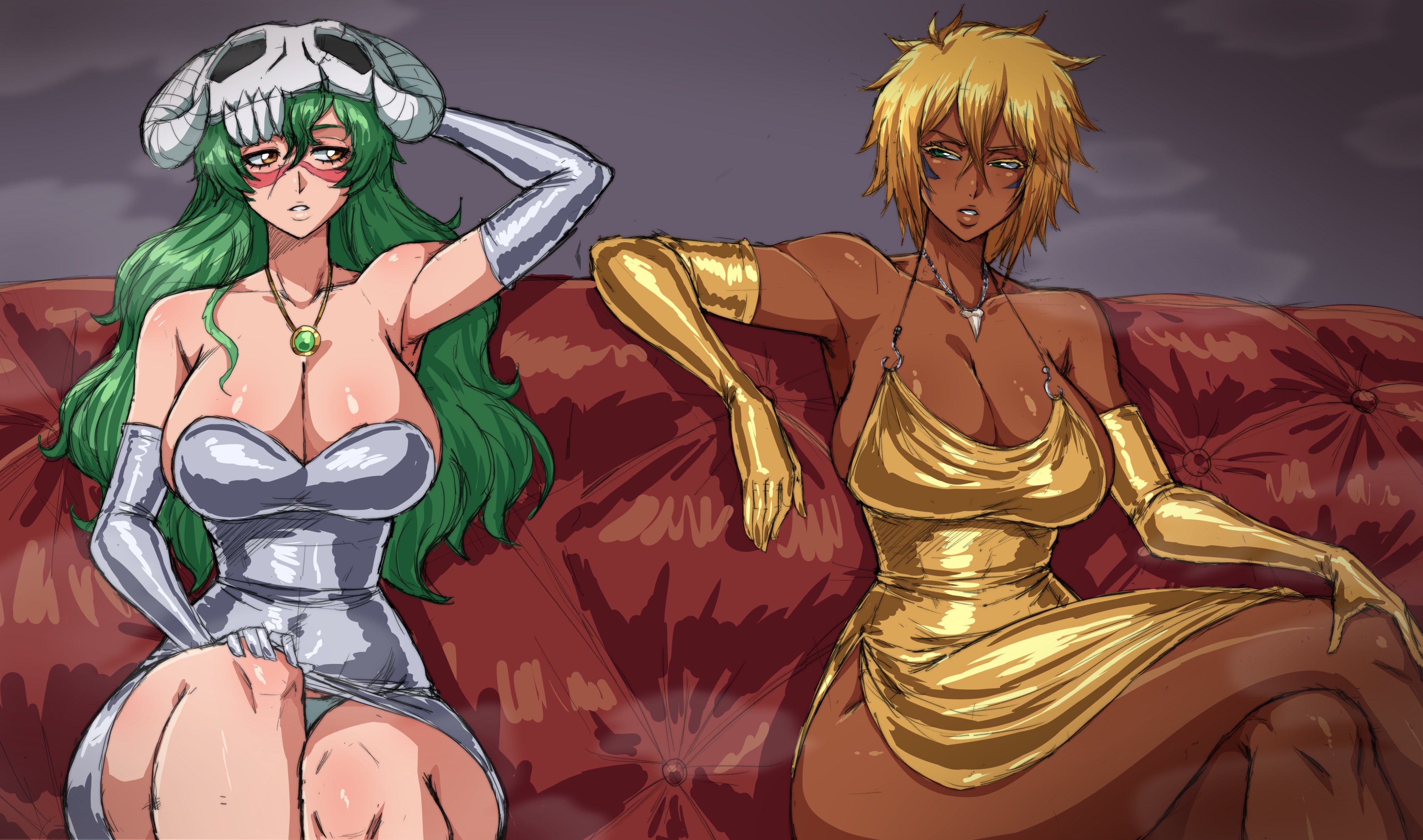 2girls, big breasts, bleach, blonde hair, breasts, cleavage, dark skin, dark-skinned female, dress, female, female only, green hair, huge breasts, large breasts, long hair, multiple girls, nelliel tu odelschwanck, short hair, simmsy, tia harribel