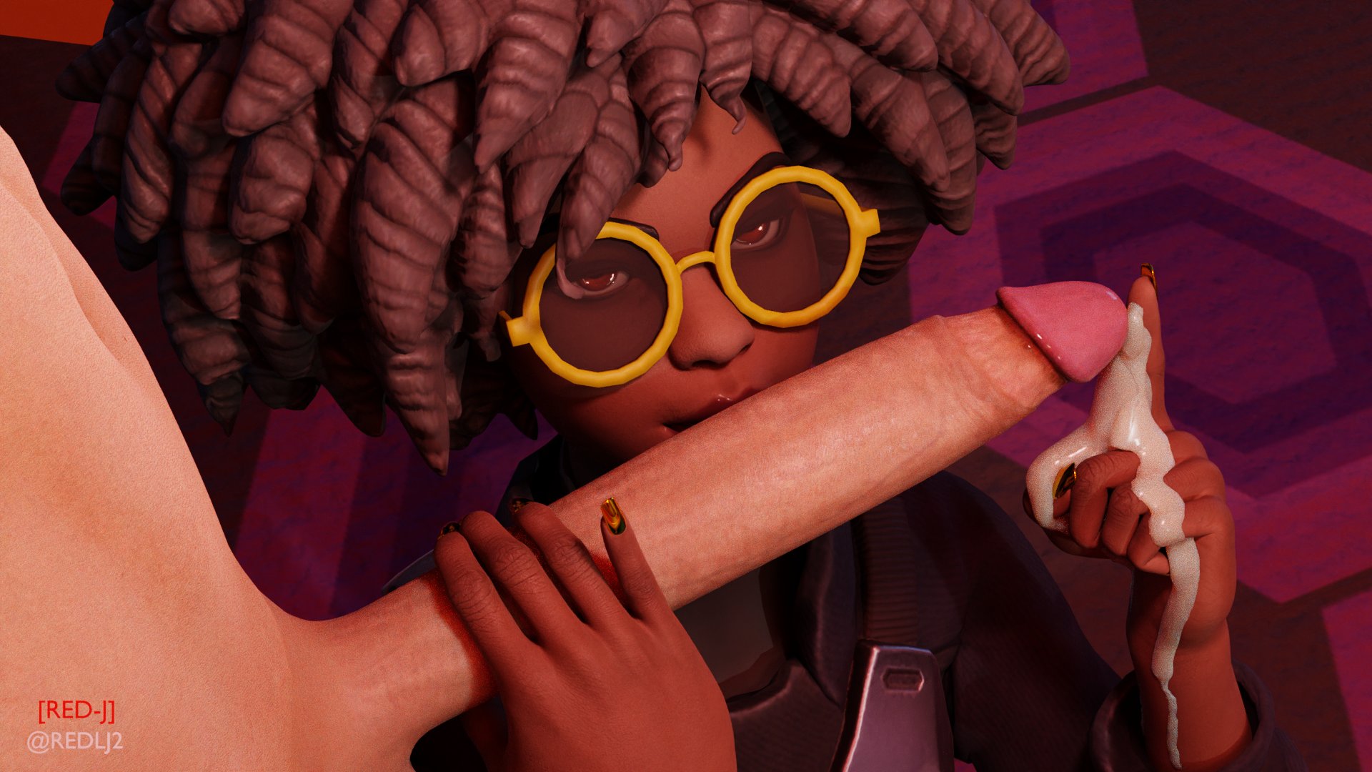 1boy, 1girls, 3d, black hair, blender, dark skin, dark-skinned female, doctor slone, female, fortnite, glasses, handjob, huge cock, interracial, kissing penis, large penis, long penis, male, oral, penis, penis on head, pov, red lj, red-j, semen, unseen male face, yellow eyes, yellow nails