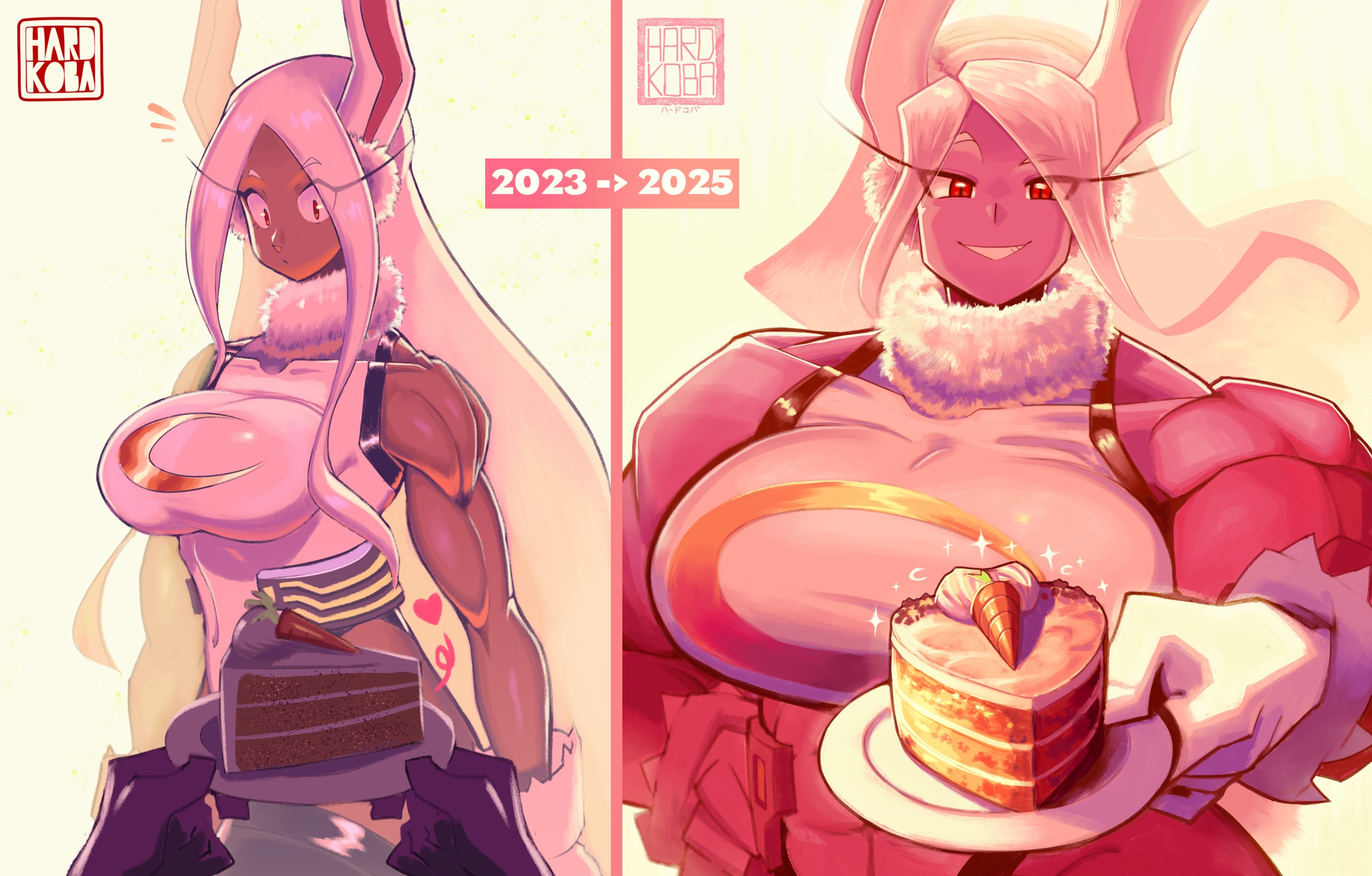 2023, 2025, abs, before and after, boku no hero academia, breast expansion, bunny ears, carrot, carrot cake, fluffy ears, hardkoba, large breasts, long hair, looking at viewer, mirko, miruko, muscle growth, muscular, my hero academia, rabbit ears, rabbit girl, smile, time skip, white hair
