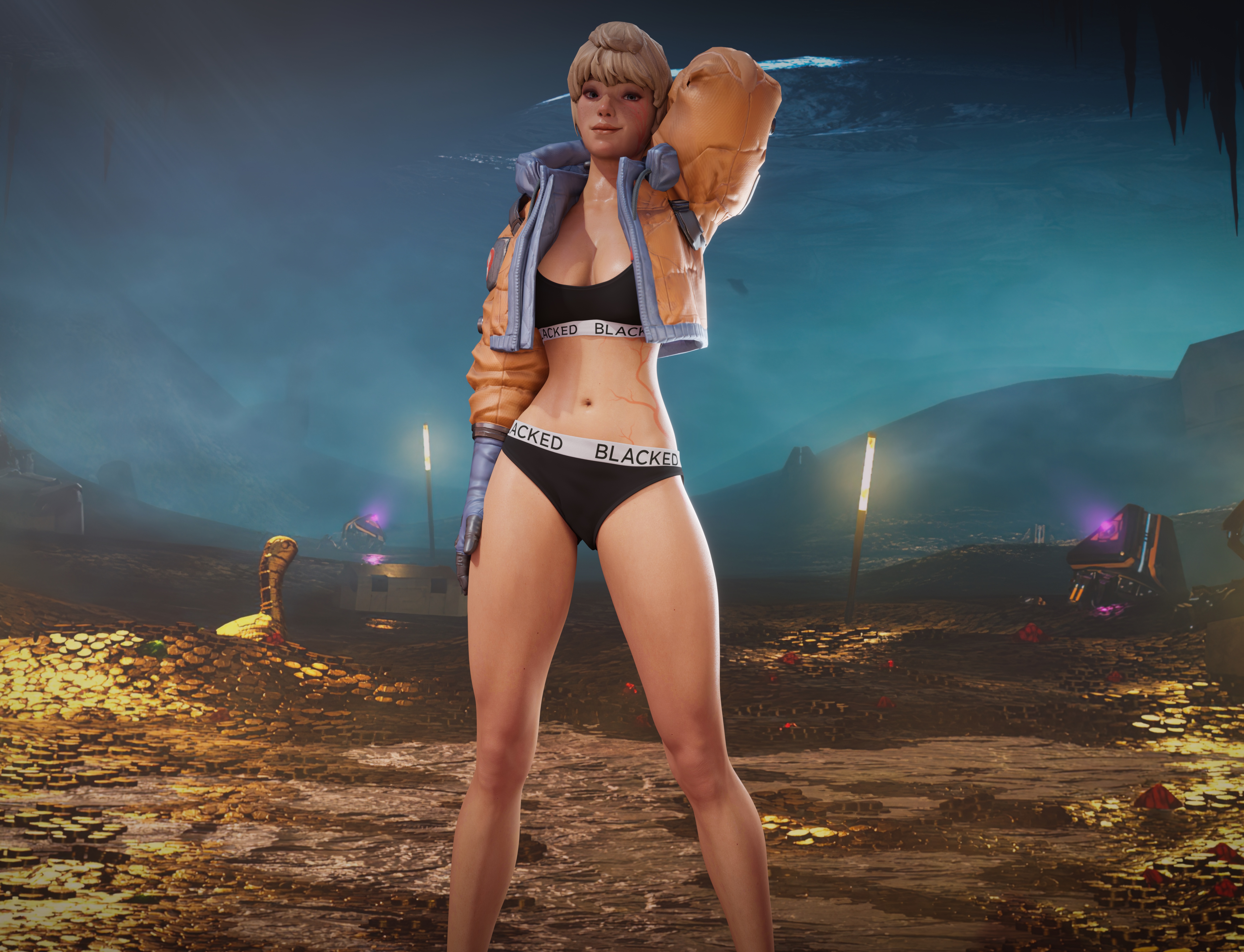 1girls, 3d, apex legends, blacked, blacked clothing, blonde female, blonde hair, cleavage, currysfm, female, female only, hips, jacket, lichtenberg figure, light skin, light-skinned female, looking at viewer, posing, scar, scars, solo, sports bra, wattson (apex legends)