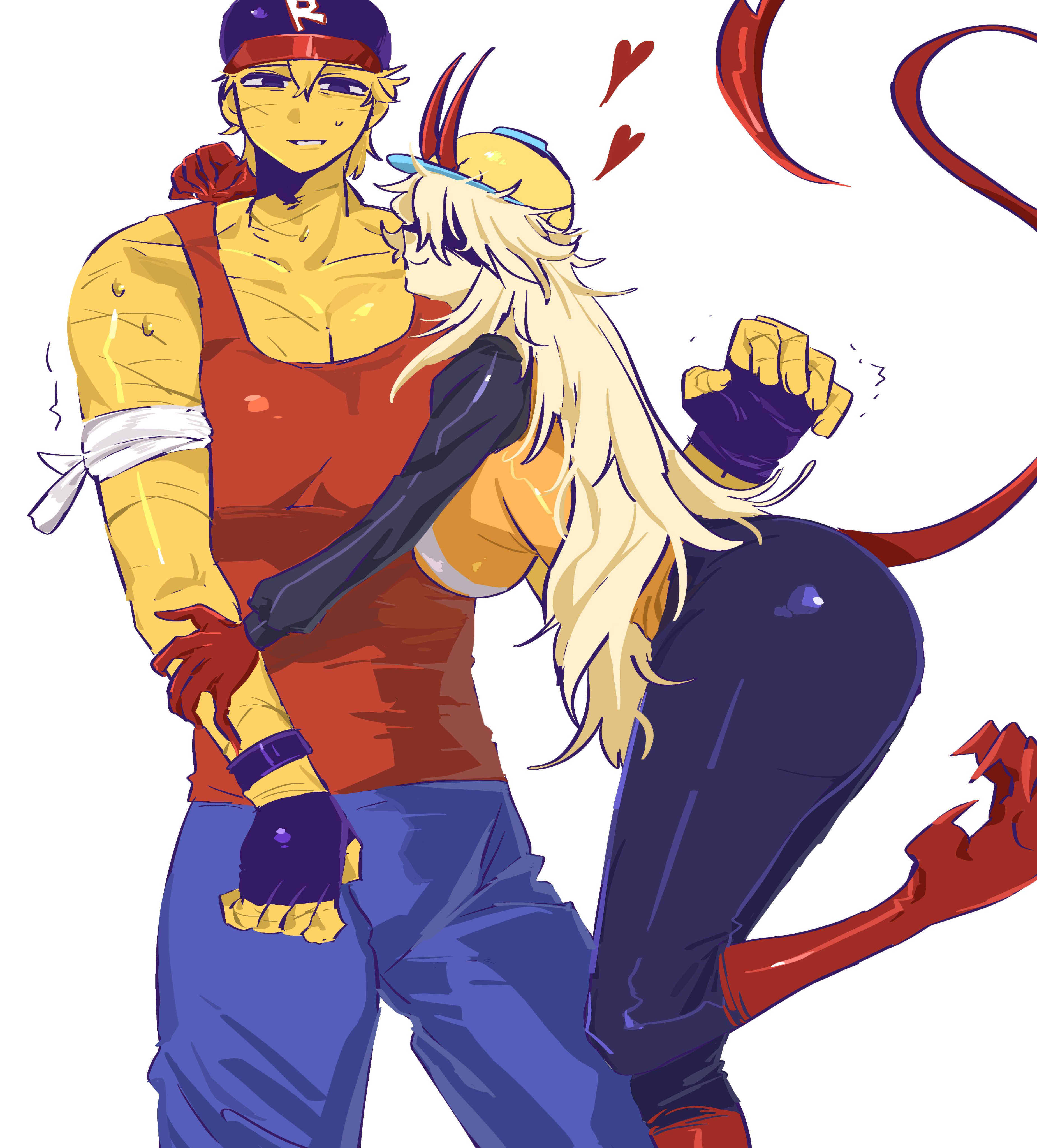 1boy, 1boy1girl, 1girl, 1girl1boy, 1girls, 2d, 2d (artwork), 2d artwork, abs, arm around shoulder, arms around, arms around partner, ass, bandage, bandaged arm, baseball cap, bending over, big ass, big breasts, big butt, big butt (female), block tales, blonde female, blonde hair, blue pants, boobs, breasts, builderman, builderman (block tales), builderwoman, butt, clawed feet, clawed fingers, claws, construction helmet, curvy, curvy female, curvy figure, eyes covered by shadow, fawning over, female, female focus, flowing hair, hair, hard hat, hatred (block tales), heart, heart symbol, hearts, horned female, horned humanoid, horns, horns through headwear, huge ass, huge breasts, large breasts, long hair, long tail, looking at viewer, male, massive thighs, muscular, muscular male, nervous, nervous expression, nervous face, no sex, orange vest, pale skin, pale-skinned female, player (block tales), red horns, red tank top, roblox, roblox game, robloxian, scars, scars all over, scars on body, shadowed eyes, sweatdrop, tail, tail through clothes, thick thighs, thighs, tits, unsure, very long hair, yellow hair, yellow hair female, yellow skin, yellow skinned female