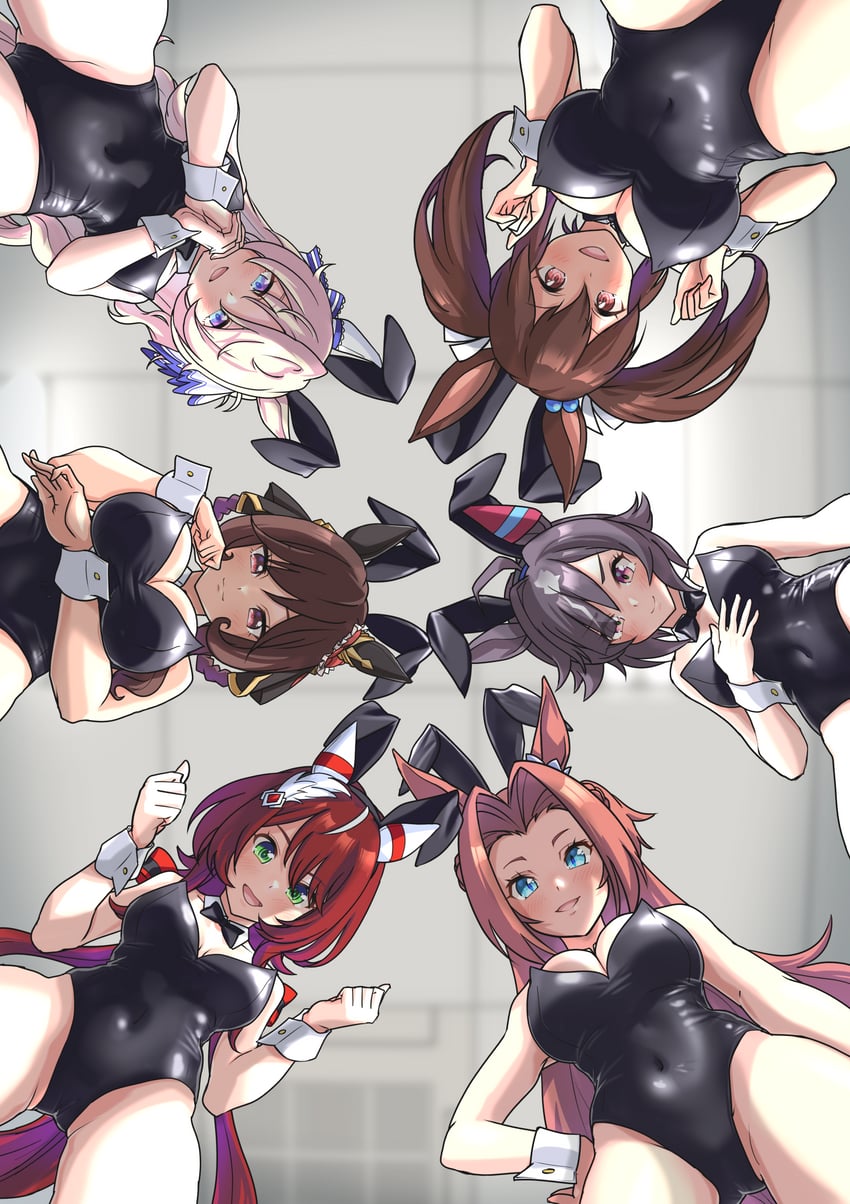 6girls, animal ears, believe (umamusume), below view, black leotard, blue eyes, blush, brown hair, bunny ears, bunnysuit, closed mouth, cream hair, female, gentildonna (umamusume), gray hair, green eyes, hishi akebono (umamusume), horse ears, horse girl, horse tail, kawakami princess (umamusume), large breasts, leotard, looking down, medium breasts, open mouth, pink eyes, red eyes, red hair, reddish hair, smile, tail, umamusume, umamusume pretty derby, victoire pisa (umamusume), win variation (umamusume)