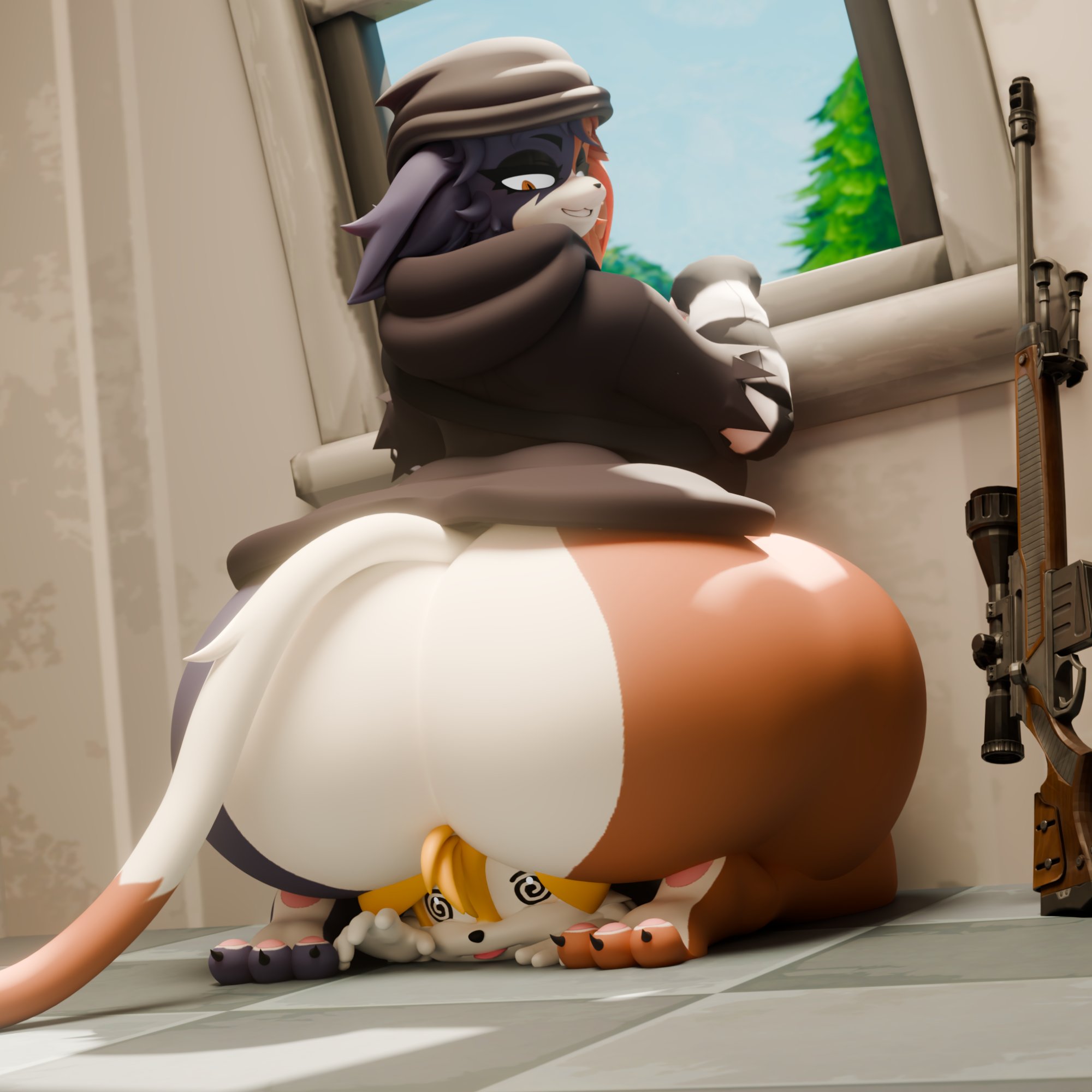 1boy, 1girl, 3d, anthro, anthro on anthro, anthro only, ass, ass focus, big ass, big butt, black clothing, black sweater, brown body, brown fur, butt, butt crush, butt focus, cat, cat ears, cat girl, cat tail, clothing, crushing, epic games, feline, felis, female, fortnite, fortnite: battle royale, fox, fox ears, furry, furry female, furry male, furry only, looking at partner, looking down, looking down at partner, looking out window, male, meow skulls (fortnite), meow skulls (nonarycubed), meowskulls, miles tails prower, multicolored body, multicolored fur, no pants, sega, sniper, sniper rifle, sonic (series), sonic the hedgehog (series), sticking out tongue, supasuparare, sweater, swirly eyes, tails the fox, thick, thick ass, thick legs, thick thighs, trying to escape, trying to leave, under ass, under butt, window, yellow body, yellow fur