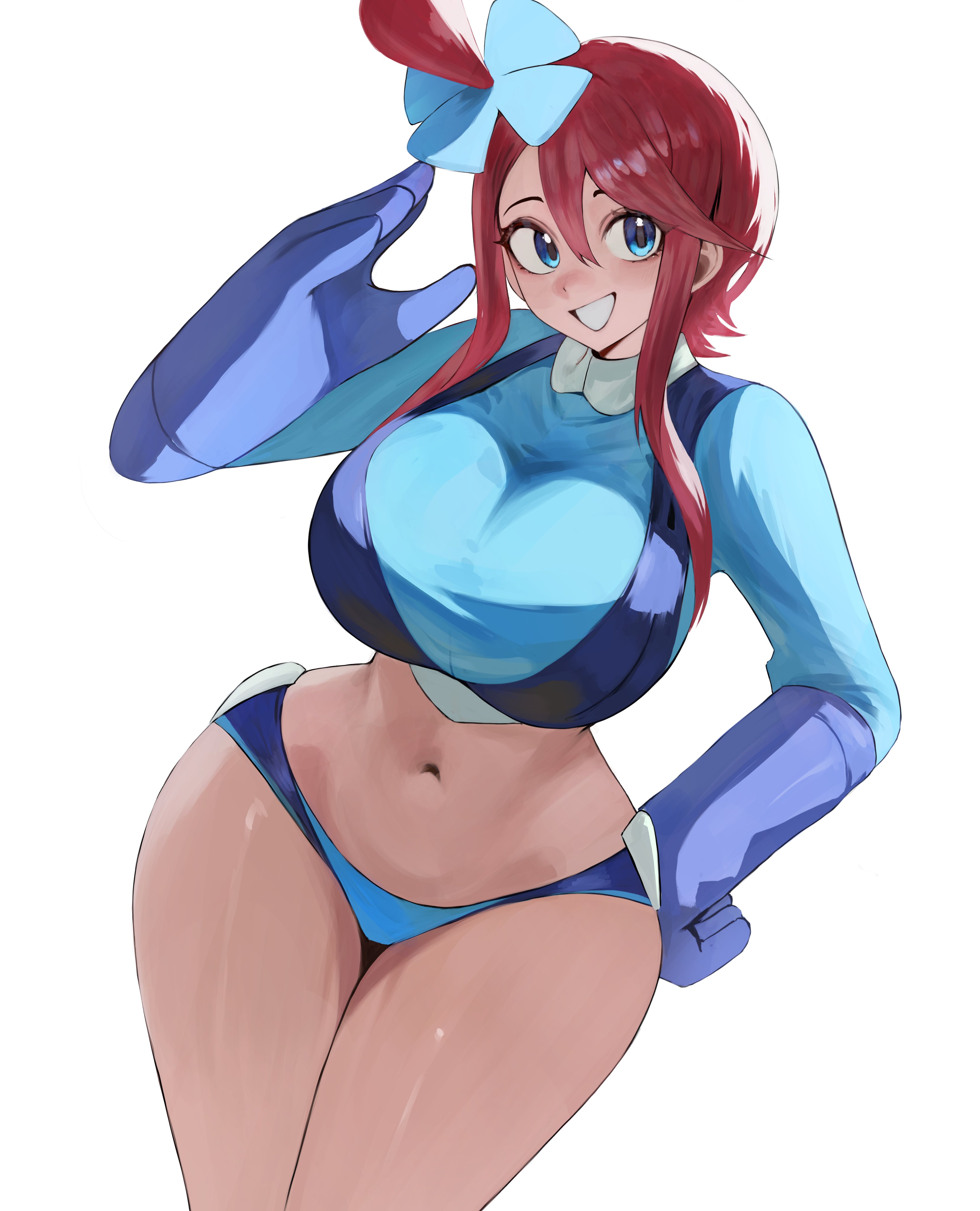 blush, curvaceous, curvy, hand on hip, huge breasts, huge thighs, midriff, navel, pokemon, salute, skyla (pokemon), smile, thick thighs, voluptuous, wide hips