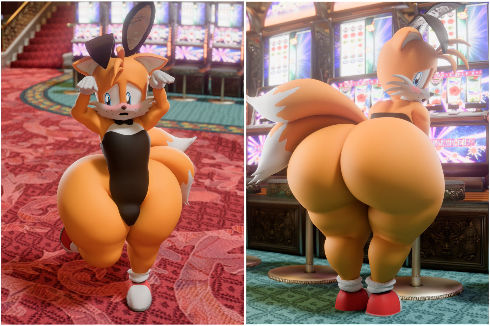 1boy, anthro, anthro only, ass, ass focus, big ass, big butt, blush, blush lines, blushing, buldge, bunny ears headband, bunnysuit, bunnysuit bulge, butt, butt focus, casino, casino background, embarrassed, femboy, femboy only, fox, fox ears, male, male only, miles tails prower, sega, sonic (series), sonic the hedgehog (series), supasuparare, tails the fox, thick, thick ass, thick legs, thick thighs, twin tails, yellow body, yellow fur