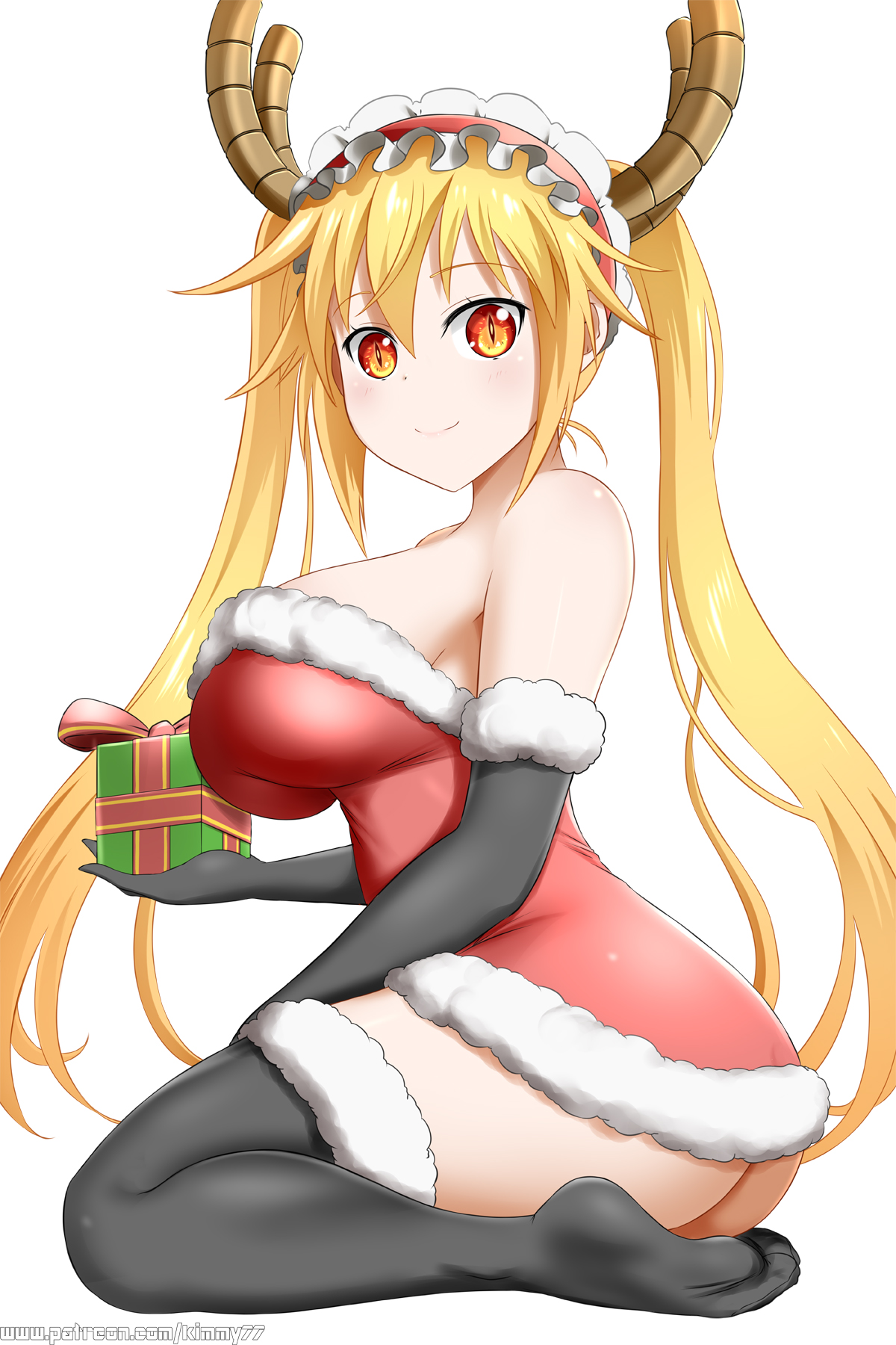 big breasts, black legwear, breasts, christmas outfit, dragon girl, female, kimmy77, miss kobayashi's dragon maid, monster girl, orange eyes, present, santa dress, tohru (dragon maid)