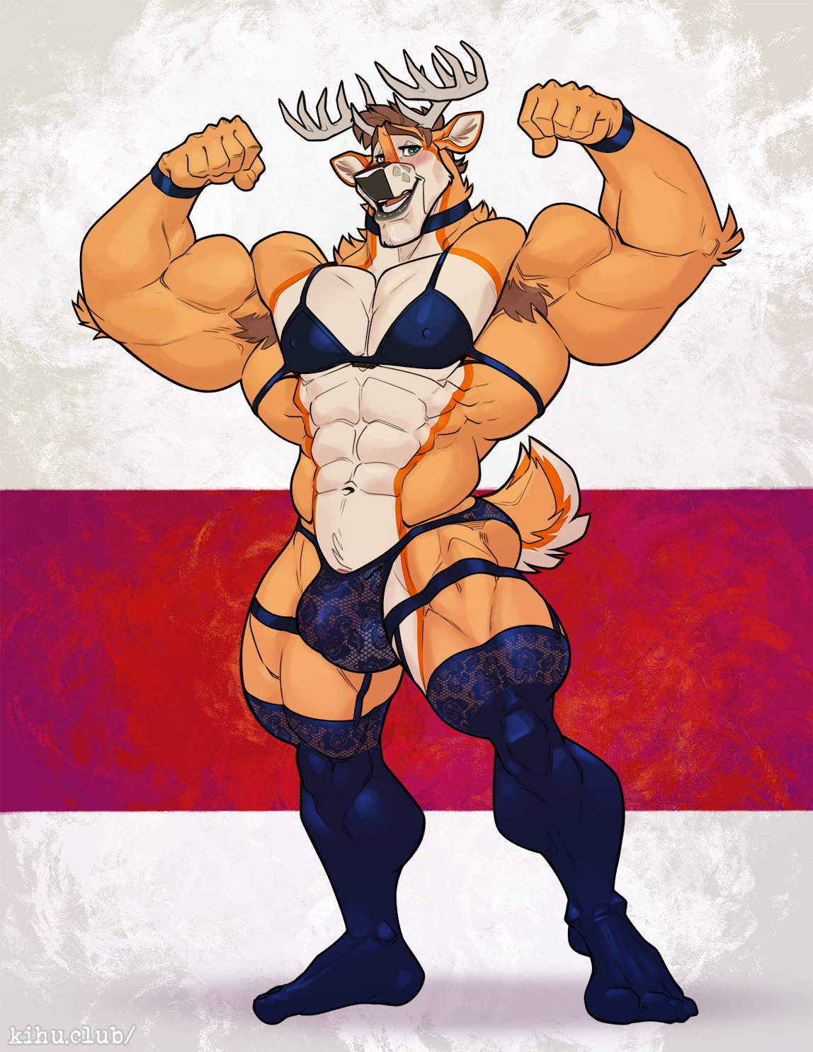 1boy abs anthro antlers armpit_hair big_muscles body_hair bra bulge cervid choker clothing flexing garter_straps genitals hi_res horn jewelry kihu legwear lingerie male male_only mammal muscular muscular_anthro muscular_male necklace pecs penis plexel solo stockings thick_thighs underwear