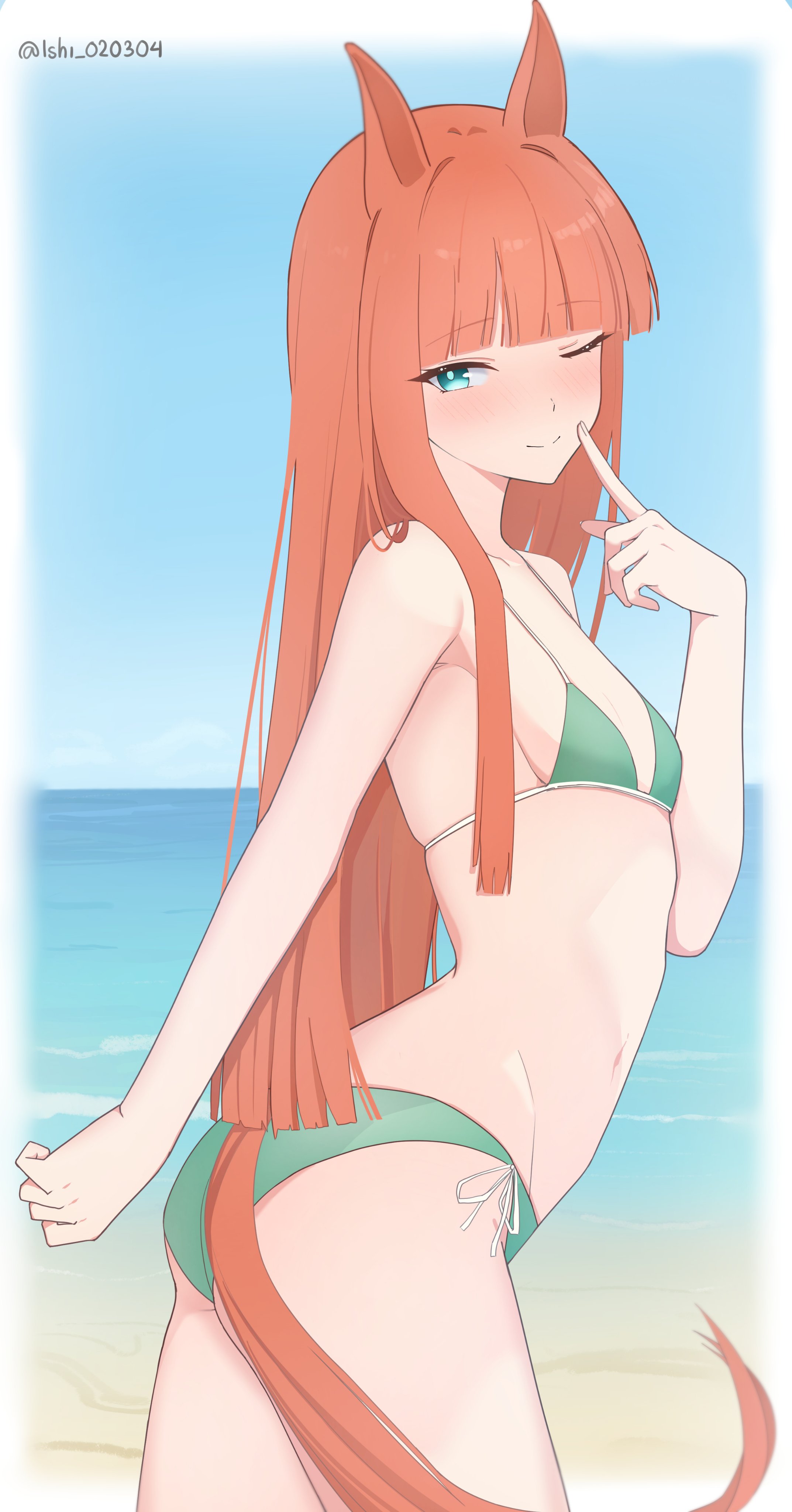 1girl, aqua bikini, aqua eyes, blush, closed mouth, cowboy shot, day, from side, horse ears, horse girl, horse tail, long hair, looking at viewer, nanashi ishi, navel, ocean, one eye closed, orange hair, outdoors, silence suzuka (umamusume), small breasts, smile, solo, thighs, umamusume, umamusume pretty derby