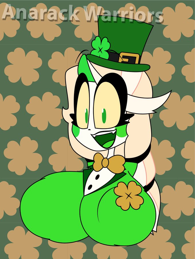 1girls anarack big_breasts blonde_hair brown_clothing charlie_morningstar_(hazbin_hotel) female female_only four_leaf_clover green_clothing green_eyes hazbin_hotel huge_breasts saint_patricks_day straight_hair tagme top_hat