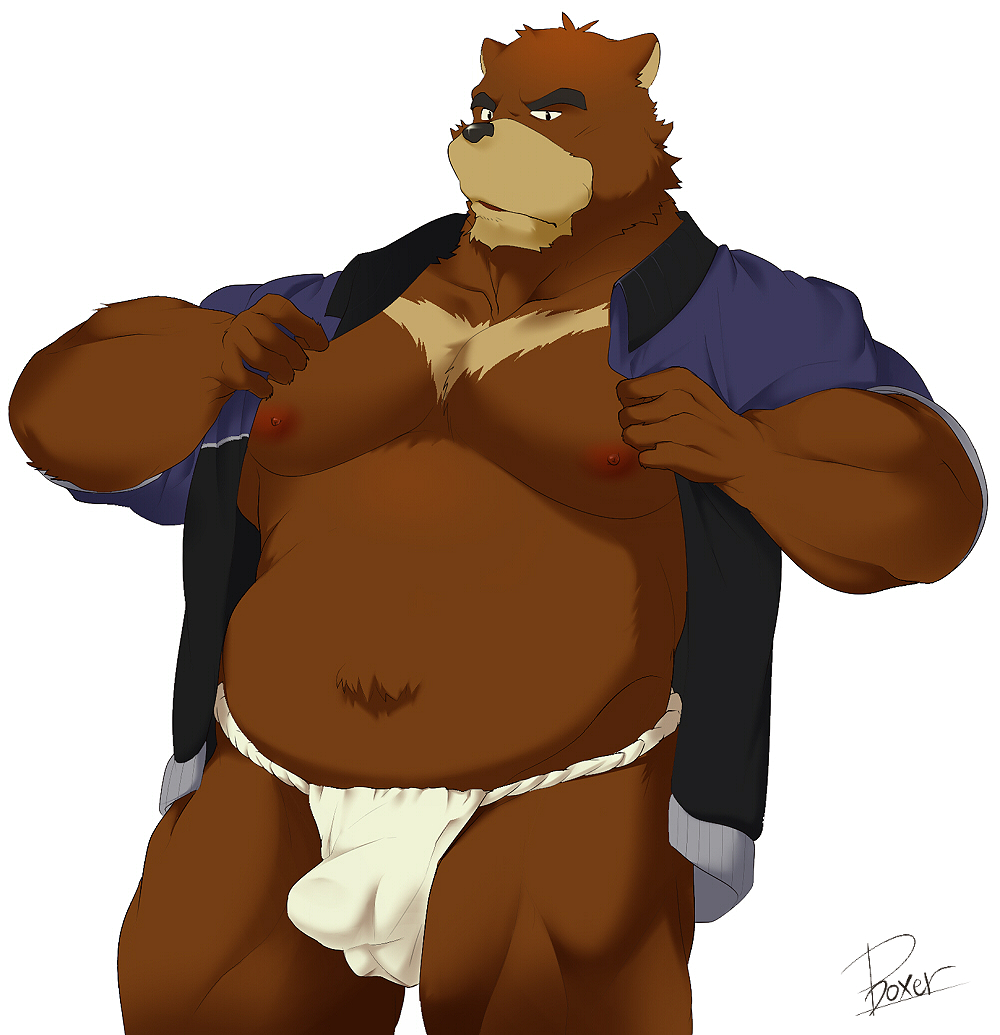 2016 anthro asian_clothing belly bulge clothed clothing east_asian_clothing erection erection_under_clothing fundoshi genital_outline japanese_clothing juuichi_mikazuki kemono male mammal moobs morenatsu nipples overweight overweight_male penis_outline shun1124 solo underwear ursid video_games visual_novel white_clothing white_fundoshi white_underwear