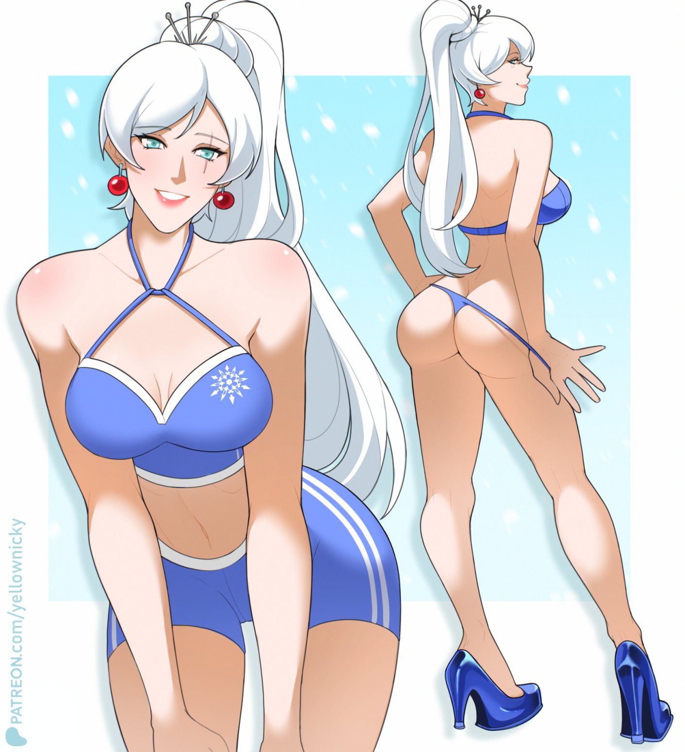 1girl, 1girls, ass, blue eyes, breasts, female, female focus, female only, jewelry, light-skinned female, medium breasts, rwby, solo, solo female, solo focus, weiss schnee, weiss schnee (atlas), white hair, yellow nicky (artist)
