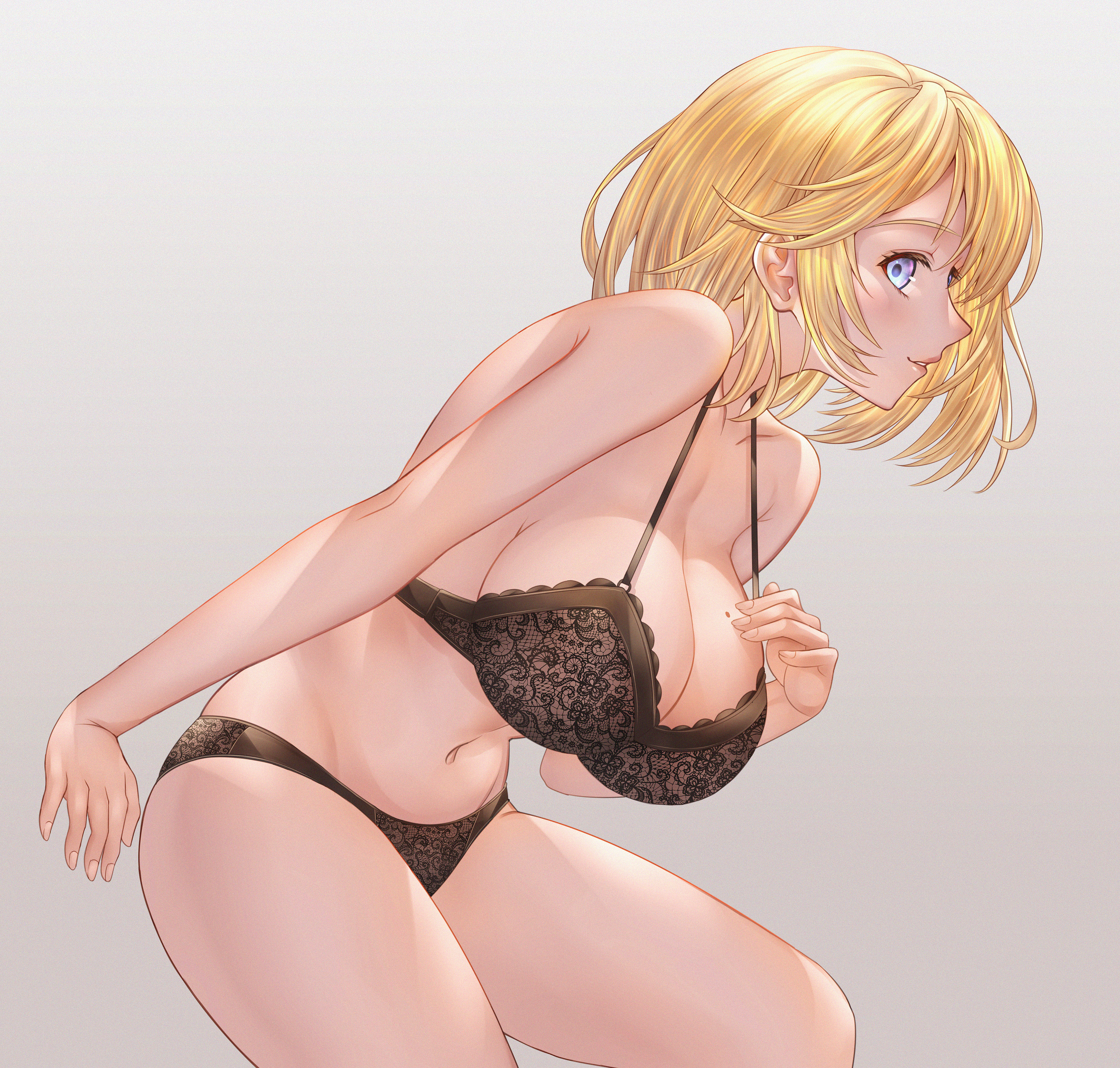 1girls, bangs, belly button, bent over, black bra, black panties, blonde hair, blue eyes, bra, breasts, cleavage, female, female focus, hand on own chest, hi res, highres, hololive, hololive english, hololive myth, honkivampy, lace, lace trim, lace-trimmed bra, lace-trimmed panties, large breasts, light blue eyes, light skin, light-skinned female, lips, looking at viewer, midriff, mole, mole on breast, navel, panties, parted lips, profile, short hair, simple background, smile, solo, solo female, underwear, virtual youtuber, watson amelia