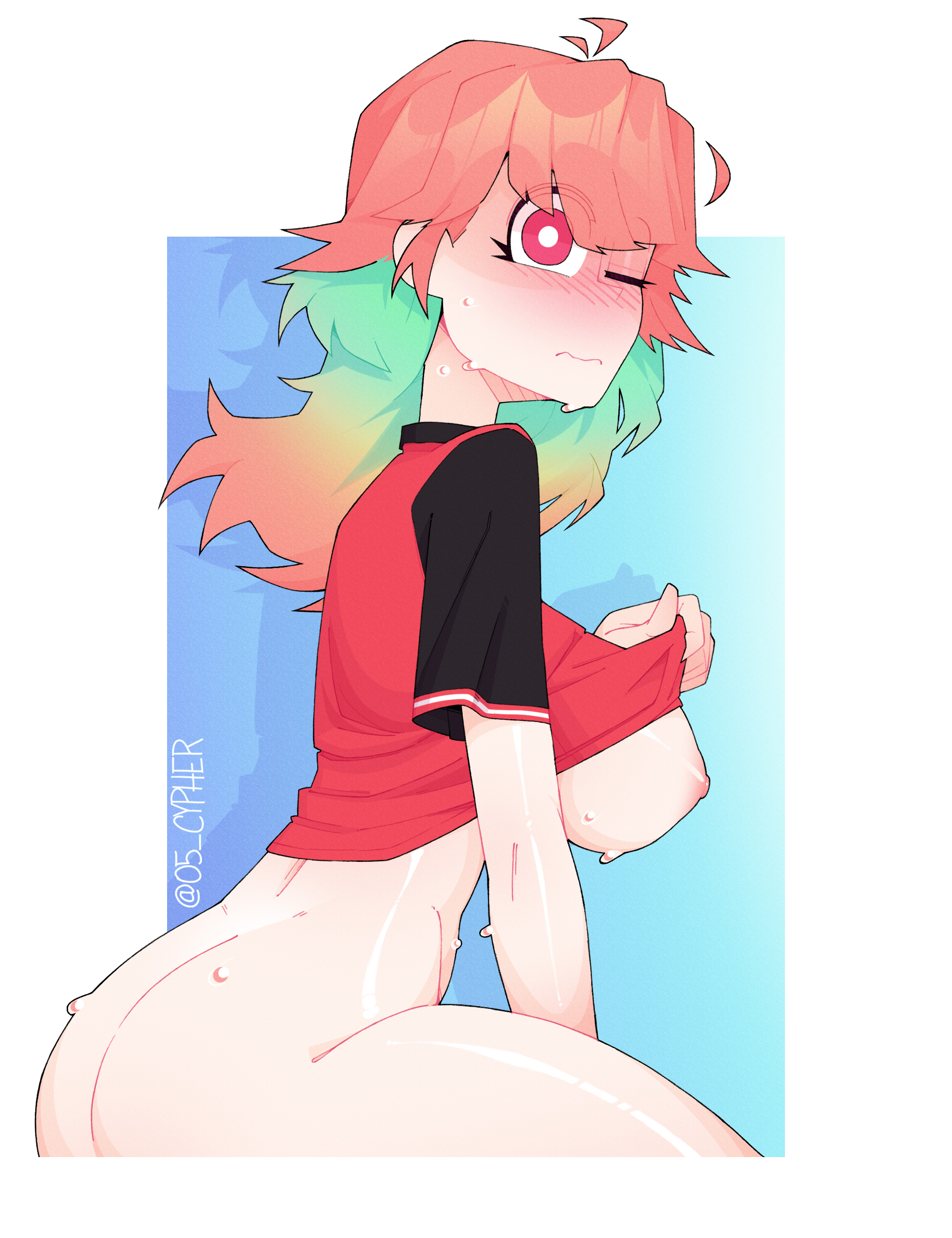 1girls, ahoge, ass, ass focus, cypher 05, hi res, hololive, hololive english, hololive myth, large breasts, long hair, long hair female, long haired, long haired female, looking at viewer, nipples, one eye closed, orange hair, orange hair female, red eyes, shirt lift, shirt only, sideboob, sweating, sweating breasts, sweating female, sweating profusely, takanashi kiara, virtual youtuber, vtuber, white background, white border