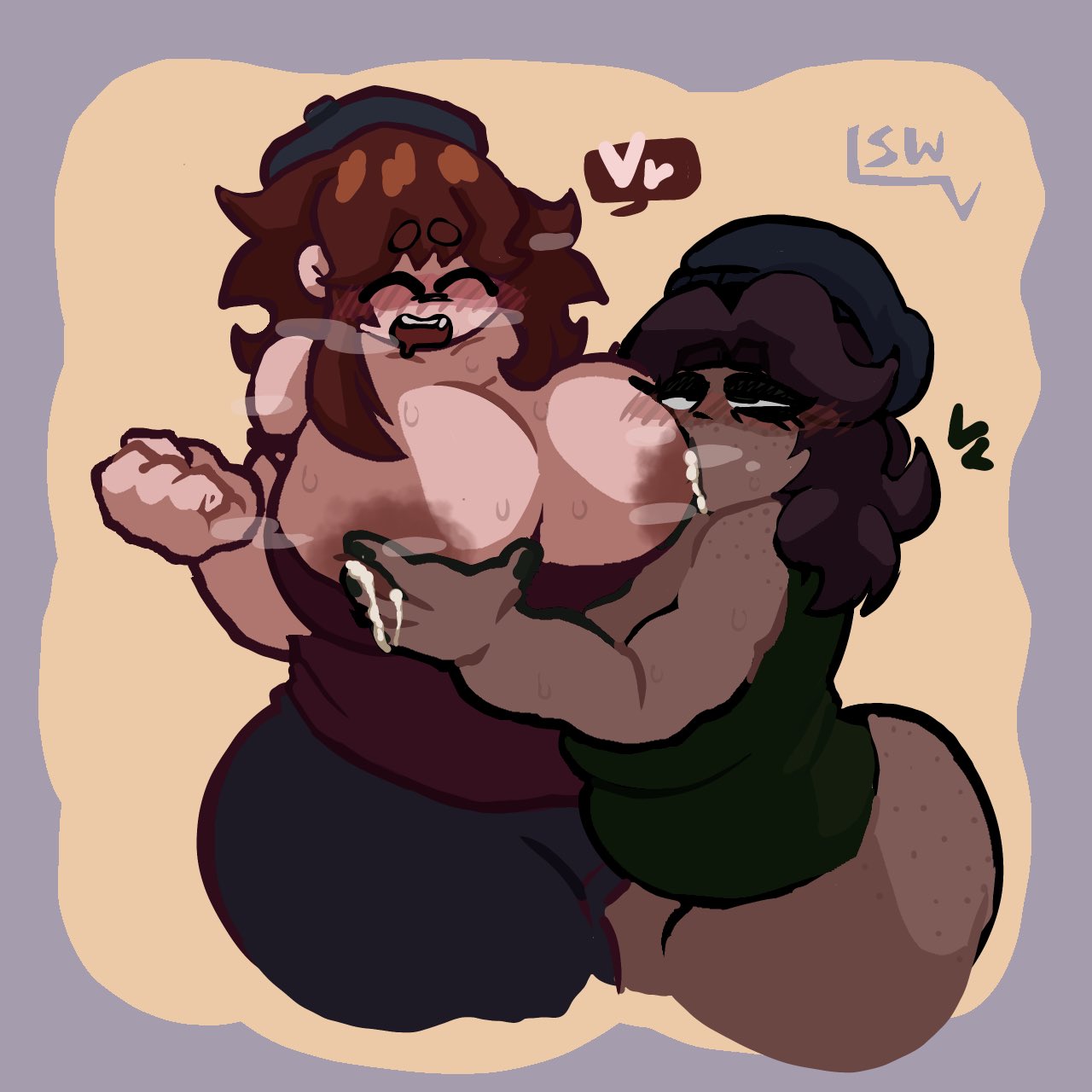 2girls, alternate version available, beanie, beanie hat, beret, black beanie, black beret, black pants, blue background, blush lines, bottomless, bottomless female, breast milk, breast milk squirt, brown areola, brown eyebrows, brown eyes, brown eyes female, brown hair, brown hair female, brown nipples, commission, commission art, dark skin, dark skinned female, eyes rolling back, fist clenched, freckles, freckles on ass, freckles on face, freckles on shoulders, friday night funkin, friday night funkin mod, green eyes, green fingernails, green shirt, half lidded eyes, holding breast, large breasts, lesbian, lesbian sex, lesbians, light skinned female, long hair, long hair female, massacre girlfriend (friday night funkin), milk, milk squirt, millie (mistful crimson morning), mistful crimson morning, moaning, moaning in pleasure, mouth open, nipple in mouth, orange background, pant cloud, purple eyebrows, purple hair, purple hair female, red blush, red blush lines, red shirt, sara taylor, step right up: adventure isle, sucking breasts, sucking nipples, sw, sweat, sweat clouds, sweaty breasts, sweaty face, teeth showing
