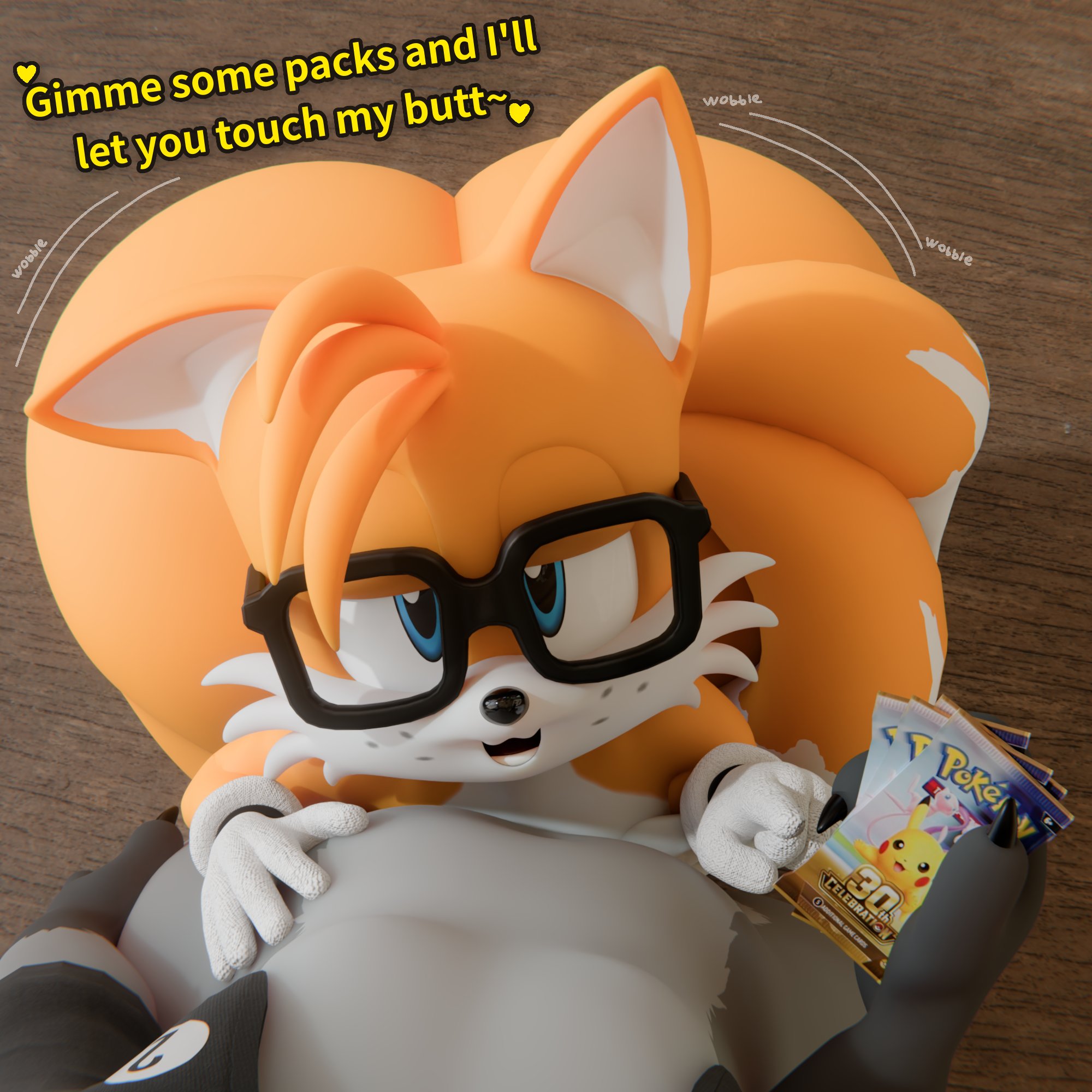 1boy, anthro, anthro on anthro, anthro only, ass, ass focus, big ass, big butt, butt, butt focus, femboy, femboy only, furry, furry male, furry only, glasses, hair, holding object, holding package, looking at partner, looking at viewer, looking up, looking up at partner, looking up at viewer, male, male only, miles tails prower, nerd, nerdy, nerdy femboy, nerdy male, pokemon, sega, sonic (series), sonic the hedgehog (series), supasuparare, tails the fox, thick, thick ass, thick legs, thick thighs, twin tails, wiggling ass, yellow body, yellow fur