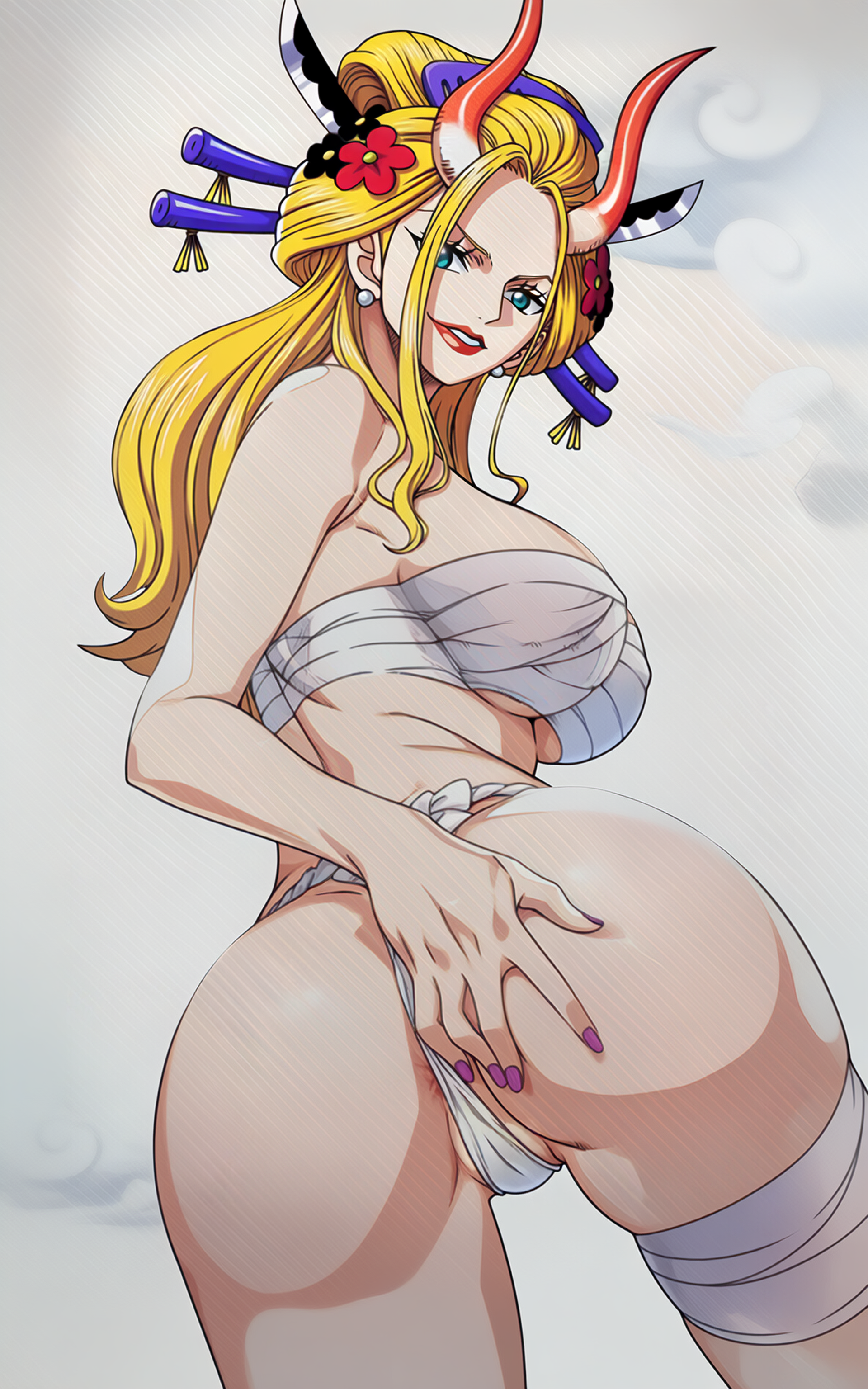 1girls, asshole peek, beast pirates, black maria, blonde female, blonde hair, blonde-haired female, breasts, female, female only, fudonshi, geisha, large breasts, one piece, wano country