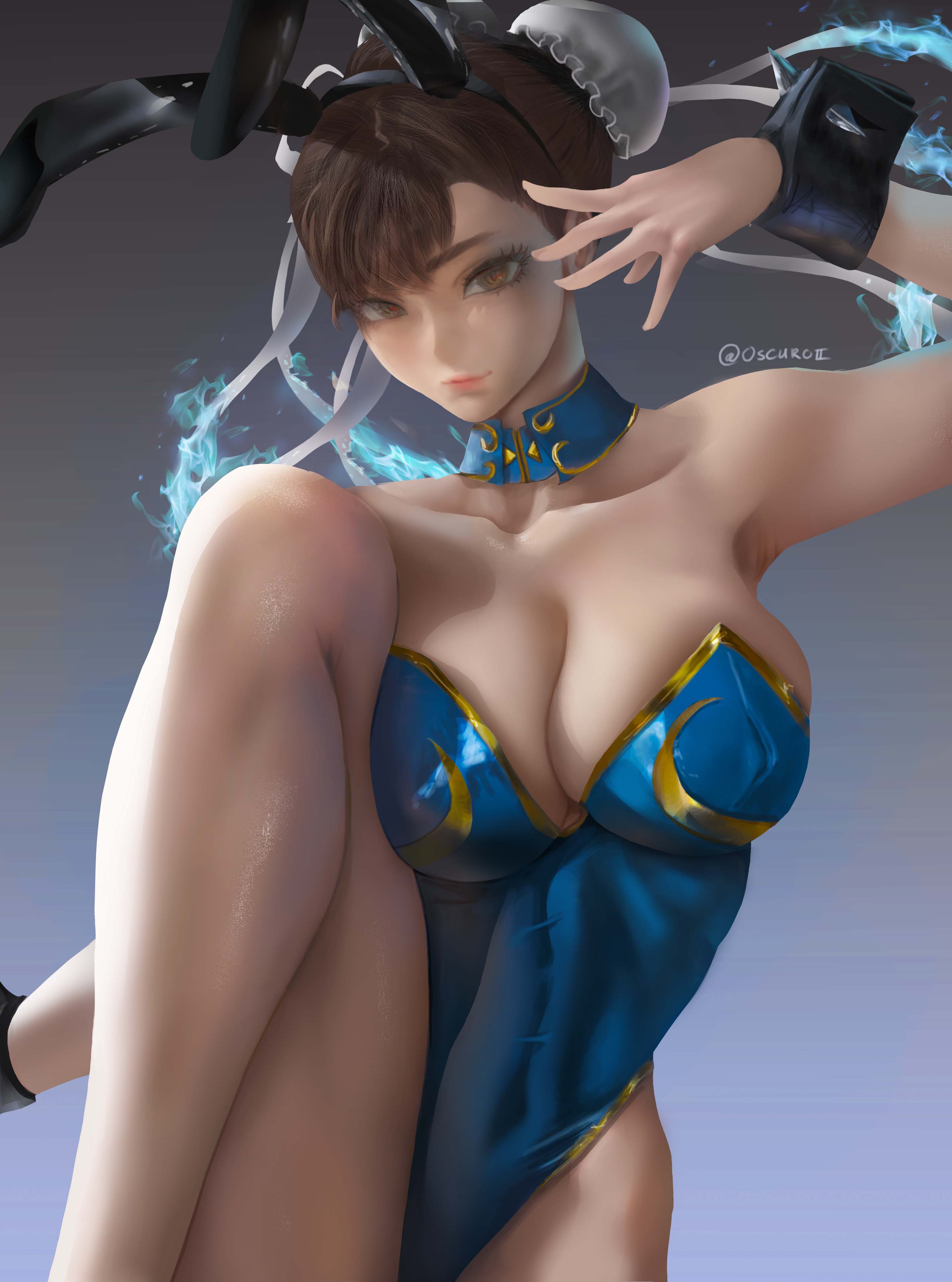 1girls, action pose, bracelet, breasts, brown eyes, brown hair, bunny ears, bunny girl, bunnysuit, capcom, chun-li, cleavage, female, female only, huge breasts, leotard, oscuroii, standing on one leg, street fighter, voluptuous