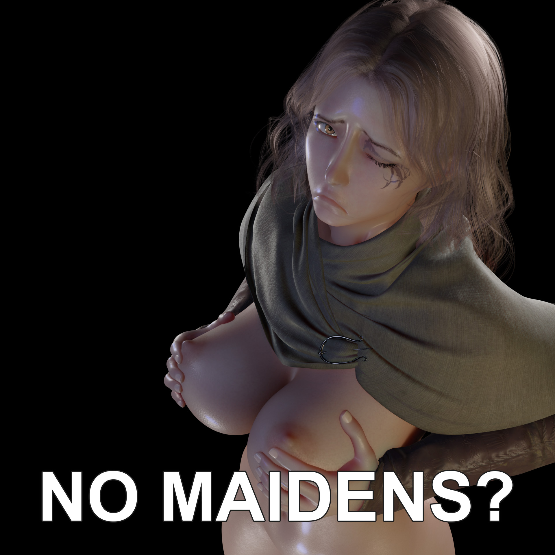 3d, athletic, athletic female, big breasts, breasts, elden ring, female, fromsoftware, gadgetzanauctionhouse, grabbing, grabbing own breast, human, maidenless, melina (elden ring), meme, nipples, no bitches? (meme), red hair, sad, winking