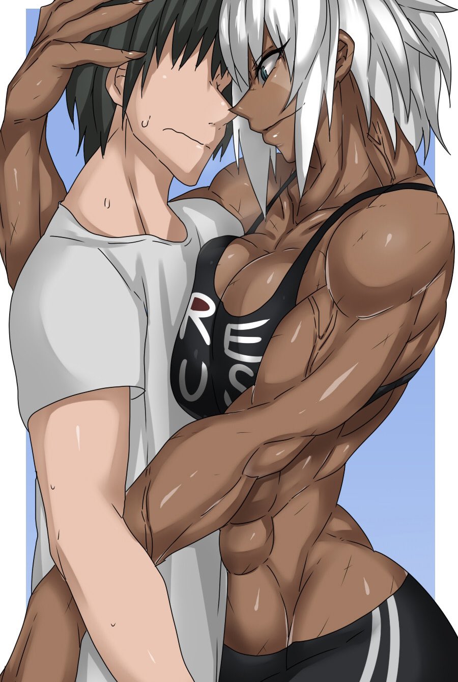 1boy 1girls abs big_breasts black_hair dark-skinned_female dark_skin facepaint hand_on_head hugging light-skinned_male light_skin muscular_female nervous original short_hair smirking sports_bra sweat thick_thighs tomboy white_hair zinga_(zokusuke) zokusuke