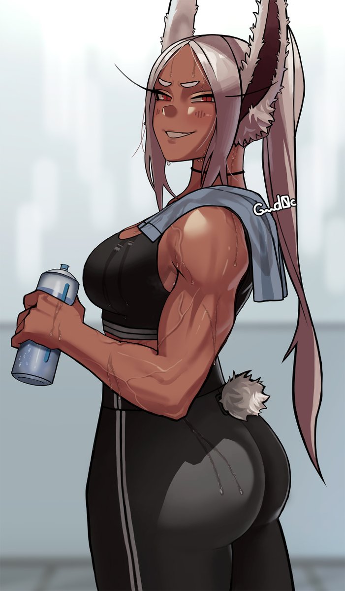 1girls, ass, big ass, big breasts, big butt, breasts, bunny ears, bunny girl, bunny tail, dark skin, dark-skinned female, female, fully clothed, gud0c, huge ass, huge breasts, huge butt, leggings, miruko, muscles, muscular, muscular female, my hero academia, red eyes, rumi usagiyama, smile, smiling at viewer, smirk, smirking, solo, sports bra, sportswear, sweat, white hair, white-haired female, workout clothes, yoga pants