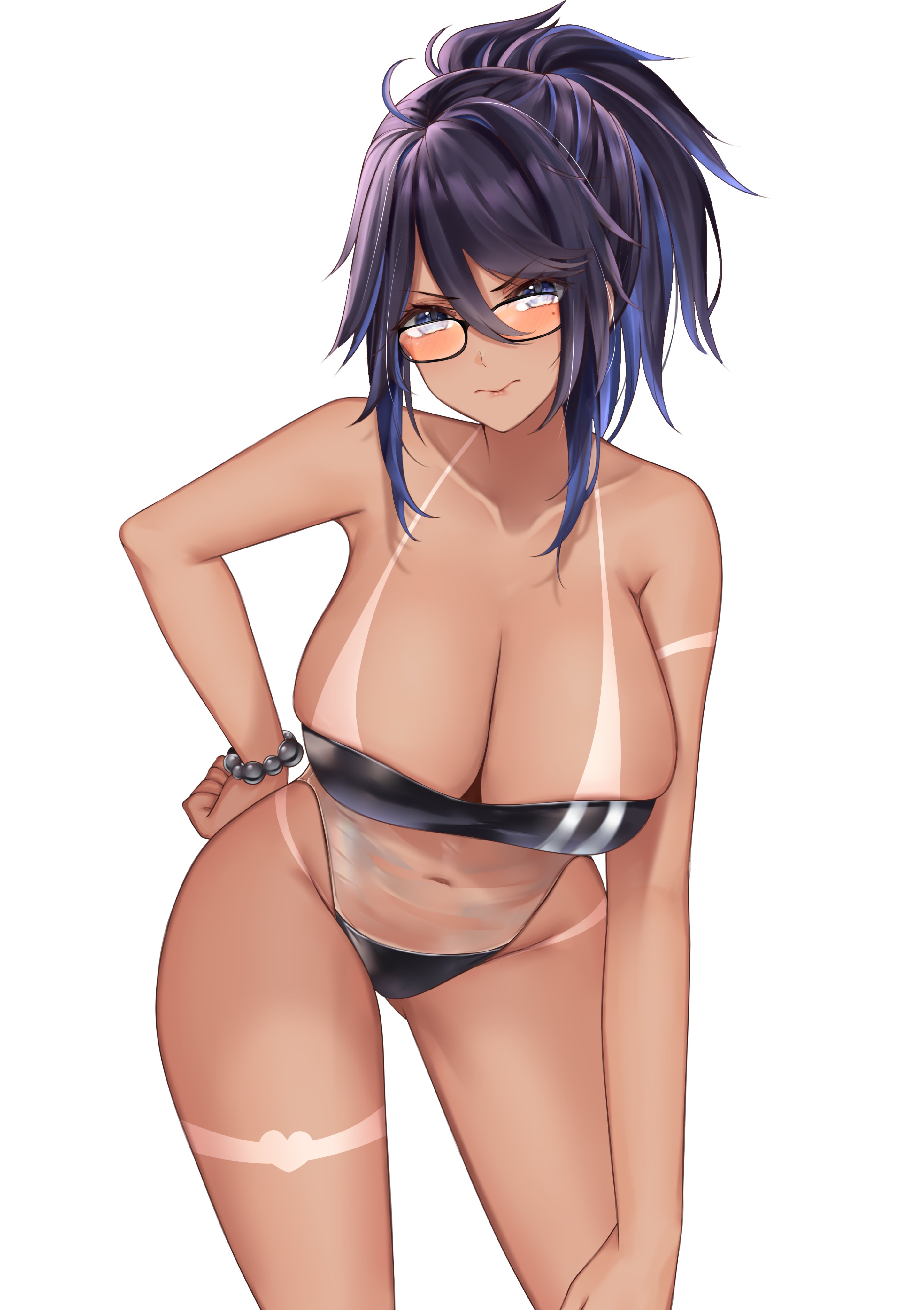 bead bracelet, black hair, blush, bracelet, breasts, female, glasses, gris swimsuit, hand on hip, huge breasts, indie virtual youtuber, kson onair, large breasts, nyctea, ponytail, swimsuit, swimwear, tan lines, tan skin, tanline, tanlines, tight clothing, tight fit, virtual youtuber, vshojo