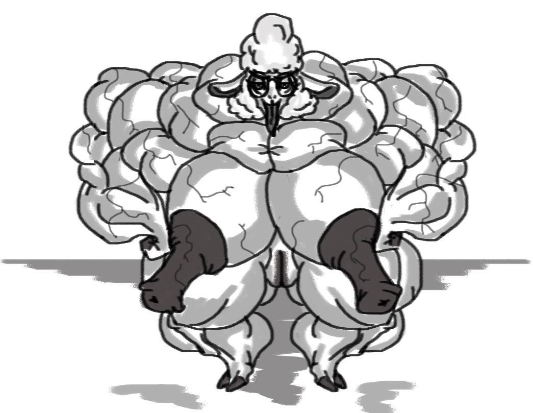 anthro dawn_bellwether disney erect_nipples fritztcatking furry gigantic_breasts glasses hooves hyper hyper_muscles monochrome muscles muscular muscular_female pussy sheep tongue_out zootopia