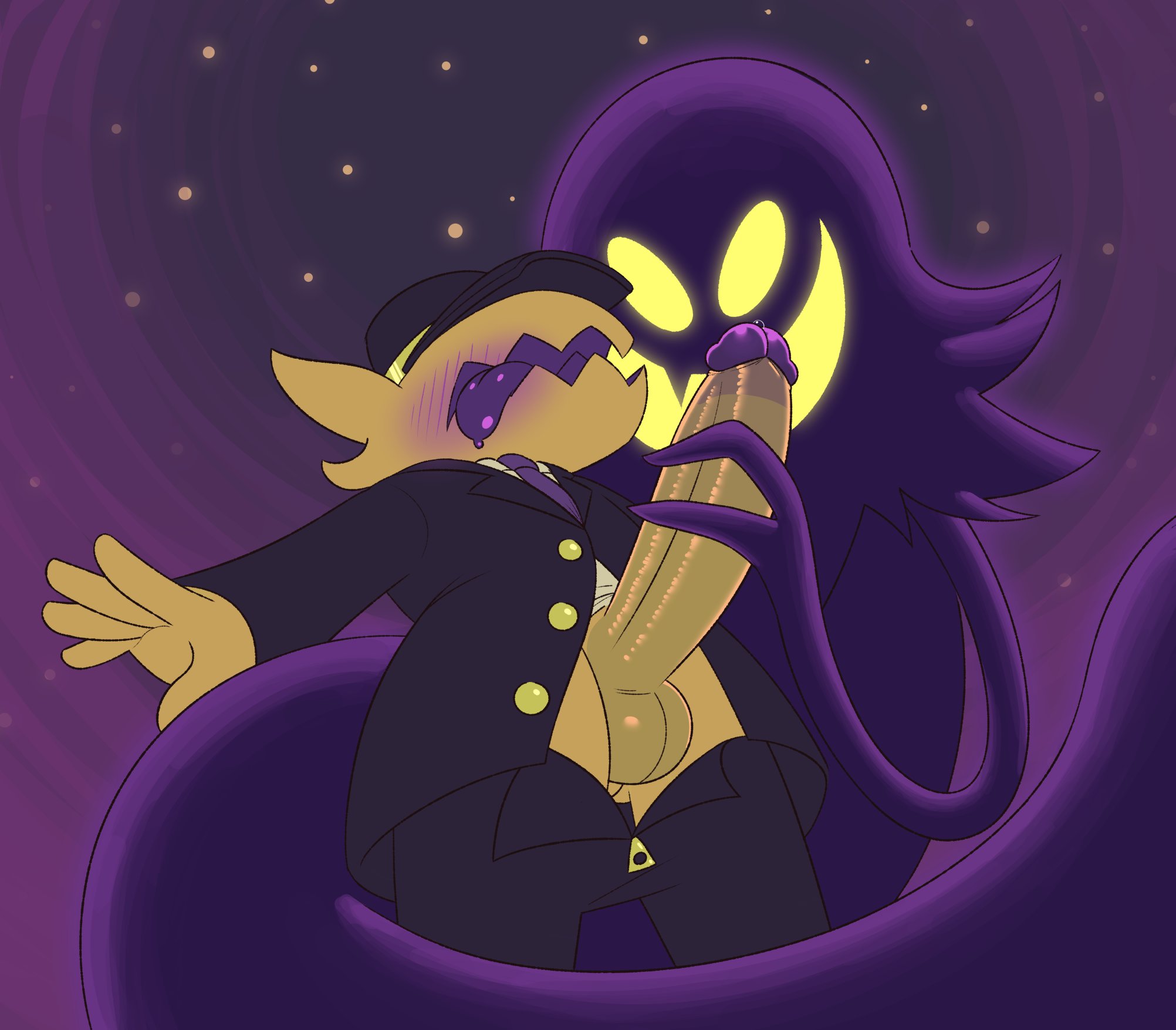 1boy, a hat in time, ambiguous gender, anthro, anthro only, anthrofied, balls, big penis, blush, blush lines, clothed, clothed male, clothed masturbation, clothes, clothes down, clothes pull, clothes removed, clothing, erect penis, erection, gemsum, ghost, grabbing penis, hat, holding penis, large penis, long penis, male, male focus, male only, open clothes, open mouth, penis, purple body, purple penis, purple skin, sharp teeth, smile, snatcher (ahit), sweat, sweatdrop, sweaty balls, sweaty penis, testicles, the conductor, tongue, tongue out, two-tone penis, yellow body, yellow eyes, yellow penis, yellow skin