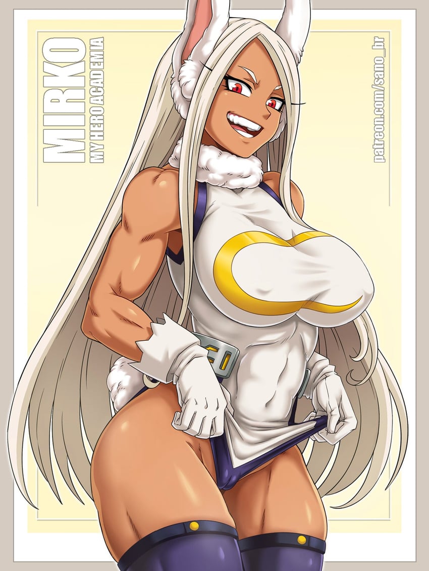 1girls, abs, ass, athletic, athletic female, big ass, big breasts, big butt, breasts, bunny ears, bunny girl, bunny tail, clothing, dark skin, dark-skinned female, female, female human, female only, fit, fit female, hero outfit (mha), huge ass, human, kemonomimi, large breasts, leotard, looking at viewer, mature female, miruko, muscles, muscular, muscular female, my hero academia, red eyes, rumi usagiyama, sano-br, shounen jump, slim waist, solo, solo female, superhero costume, superheroine, thick thighs, thighhighs, variant set, white hair, wide hips