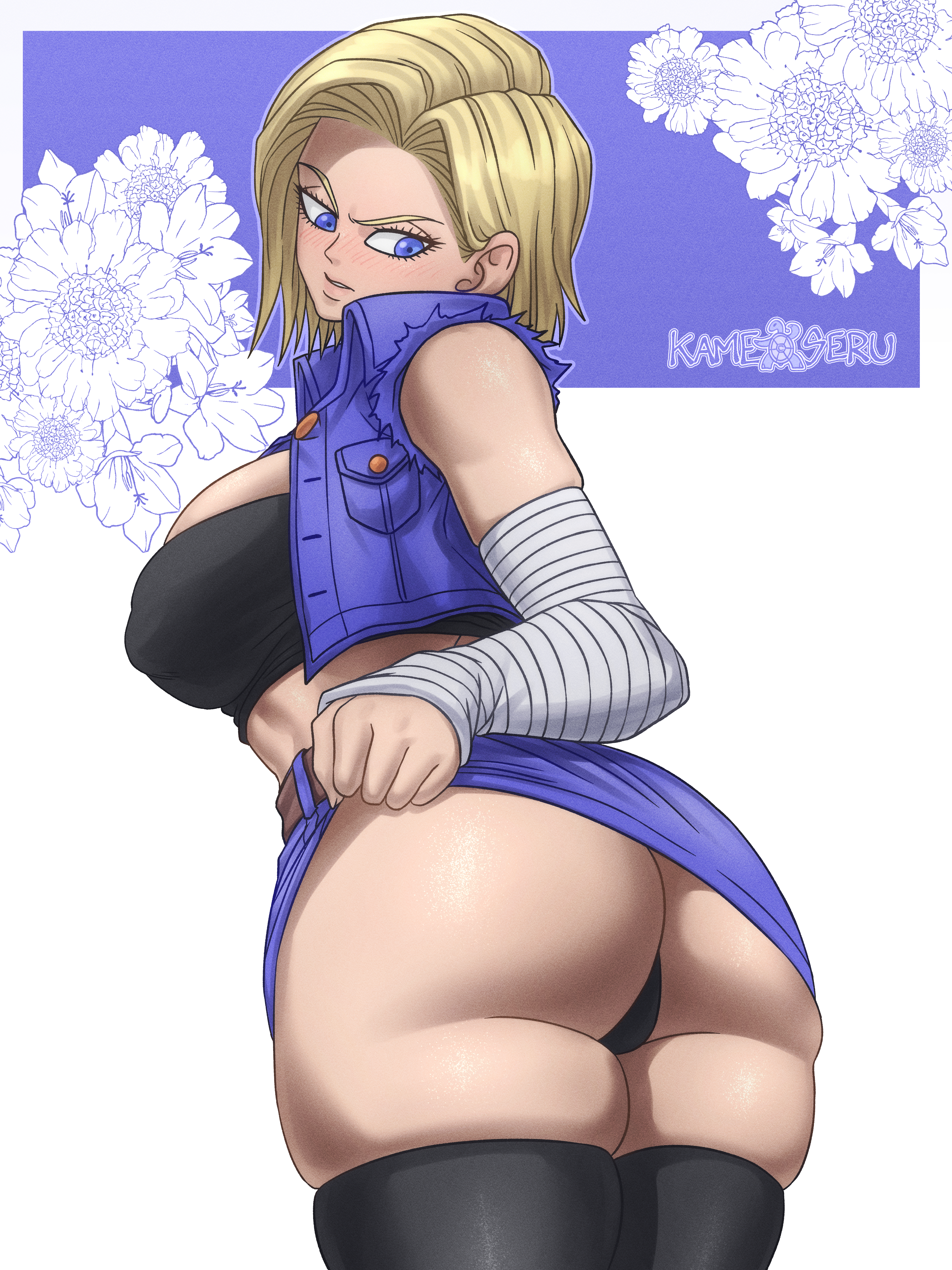 1girls, absurd res, android 18, ass, big ass, big breasts, big butt, bob cut, breasts, dragon ball, dragon ball z, female, female focus, female only, fully clothed, hi res, kameseru, large ass, large breasts, large butt, looking back, short hair, solo, thick ass, thick thighs, thigh bulge, thighhighs, wide hips
