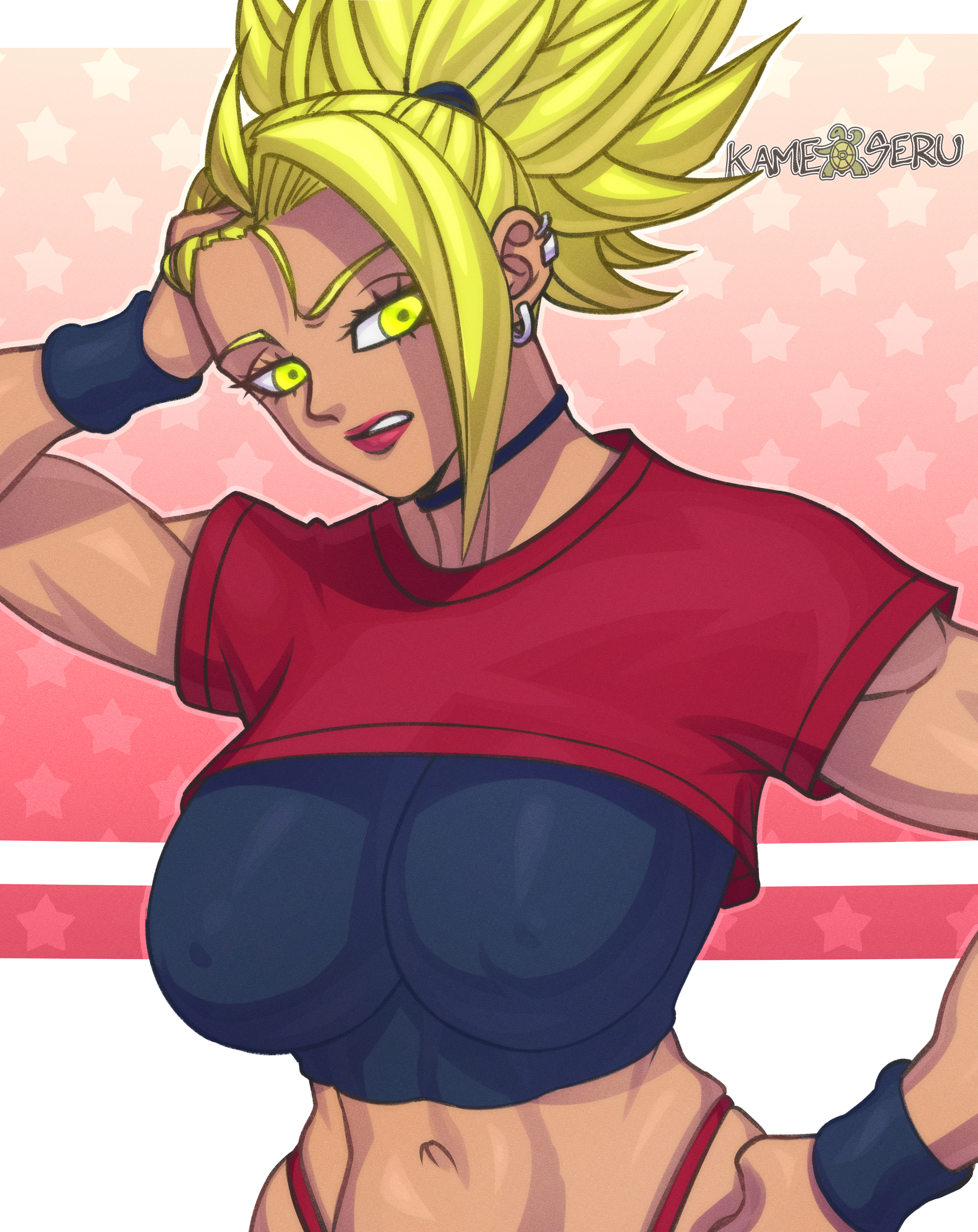 1girls, absurd res, artist name, blonde hair, choker, clothing, cropped shirt, dark skin, dark-skinned female, dragon ball, dragon ball super, ear piercing, earrings, female, female saiyan, hand on hip, hand on own head, hi res, highleg, highleg panties, jewelry, kale, kamekuzu, kameseru, legendary super saiyan, lipstick, long hair, makeup, multiple piercings, navel, nipple bulge, nose, panties, piercing, ponytail, red lips, red lipstick, shirt, short sleeves, simple background, skin tight, stomach, super saiyan, tied hair, tight shirt, toned, toned female, underwear, yellow eyes