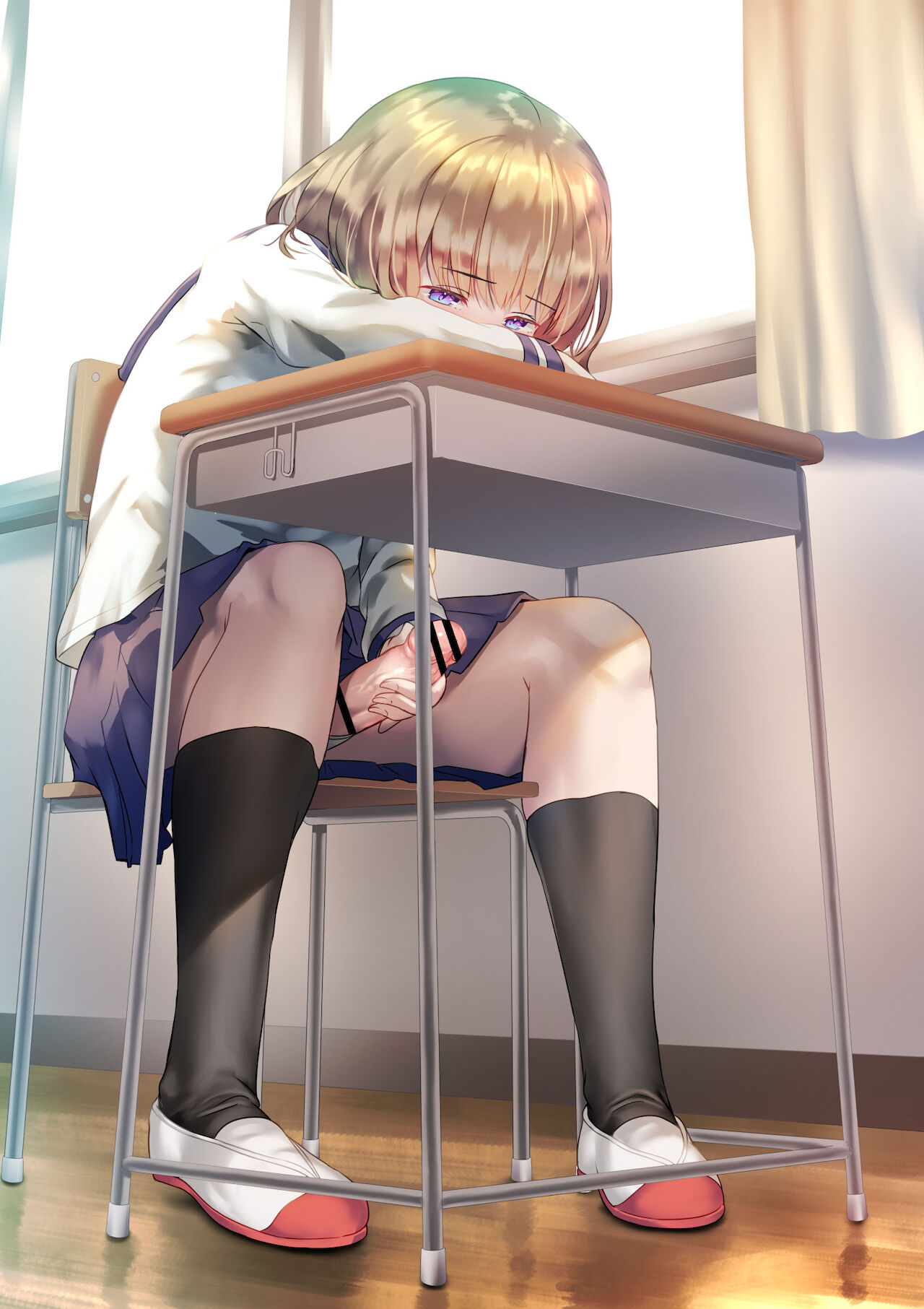 1futa, ayanakitori, bent over, big penis, blonde hair, boots, censor bar, censored, classroom, clothed, clothing, erection, female, futa only, futanari, handjob, human, intersex, light skin, light-skinned futa, masturbation, mostly clothed, penis, penis grab, school, school desk, school uniform, schoolgirl, skirt, socks, solo, stealth masturbation, table, under the table