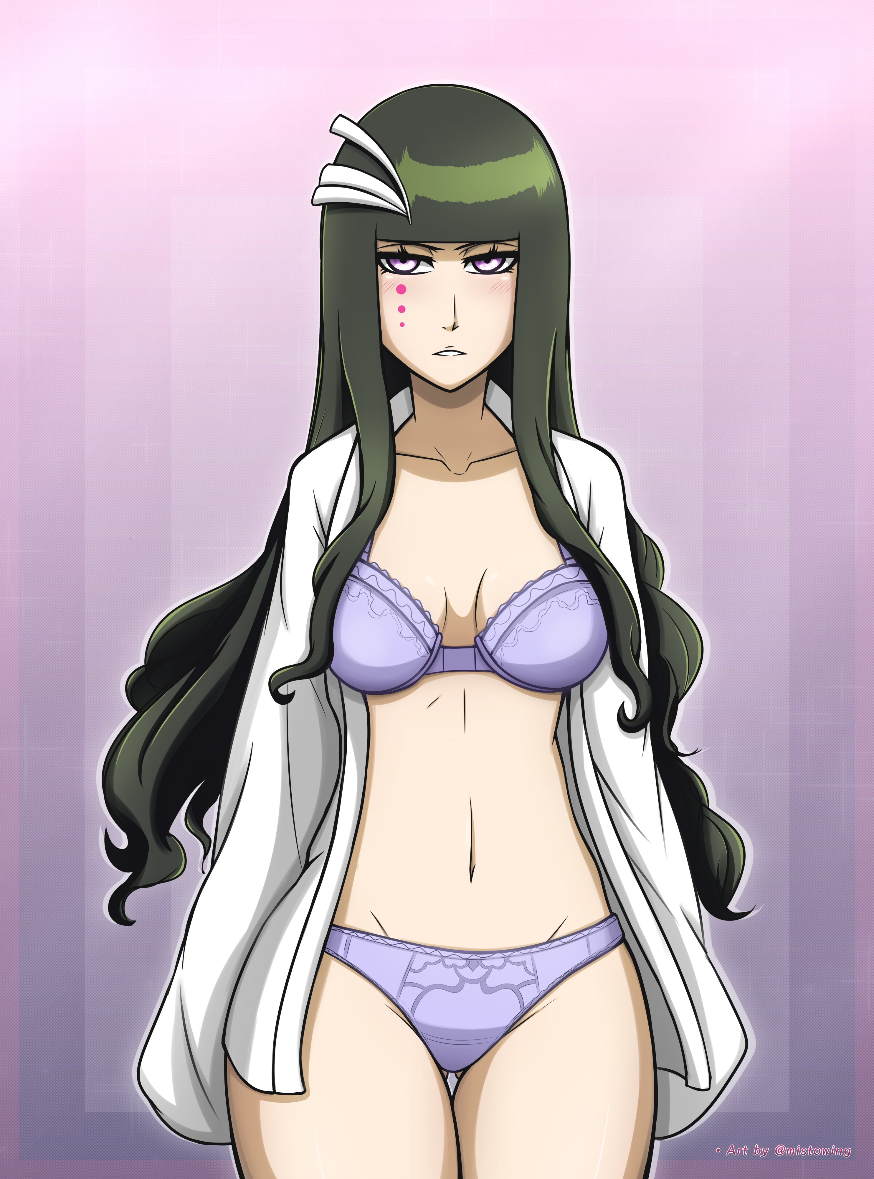1girls, arrancar, bleach, blue panties, breasts, curvy, cyan sung-sun, dark green hair, female, female only, highres, hips, lingerie, long hair, medium breasts, mistowing, narrow shoulders, no pants, panties, petite, pink eyes, shirt, solo, thick thighs, thighs, thin waist, underwear, wide hips