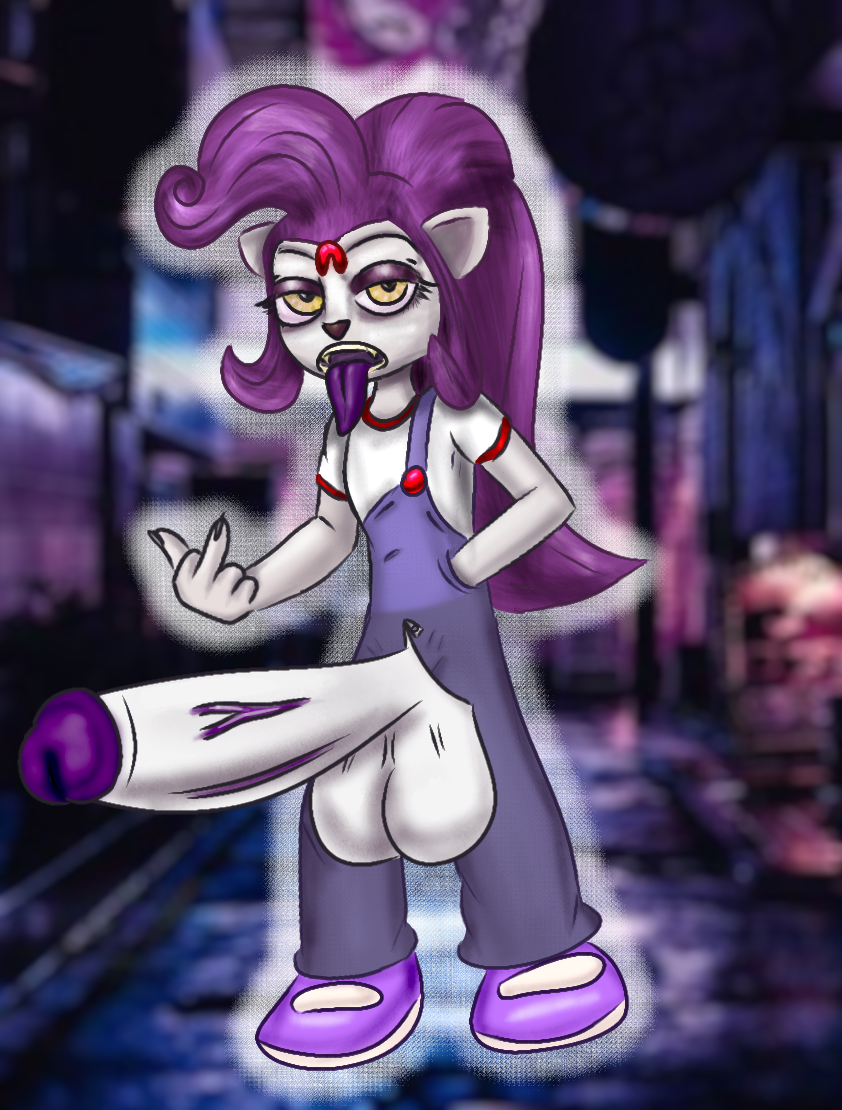 anthro big_balls big_penis black_nails coco_bandicoot cosplay crash_(series) dwonksa emo erection eyeshadow flipping_off futanari goth huge_cock long_penis long_tongue middle_finger nina_cortex overall penis_out pointy_tongue purple_hair purple_tongue tongue_out unzipped vein yellow_eyes