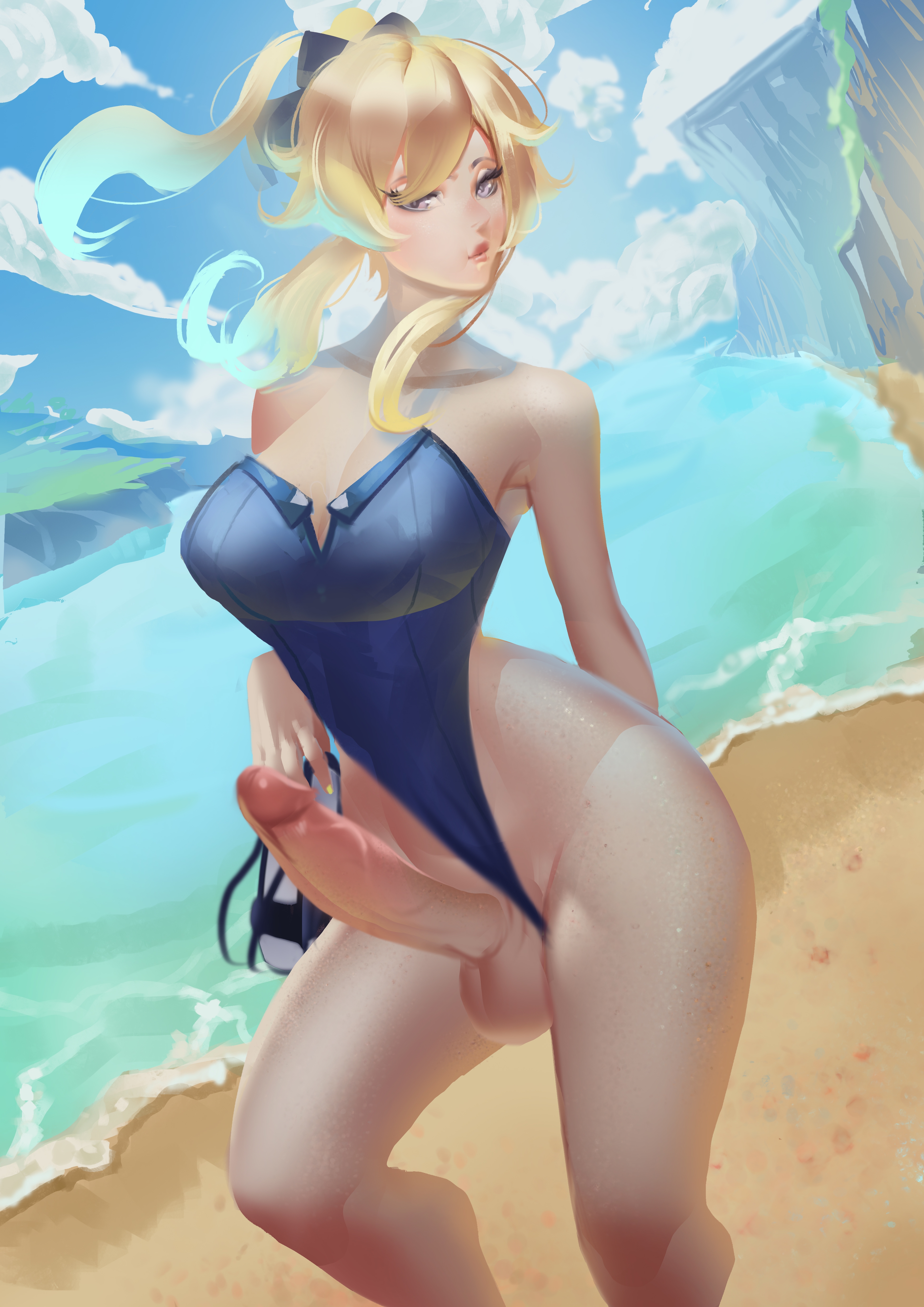 1futa, 2d, balls, beach, big breasts, big penis, breasts, clothed, clothing, detailed background, erect penis, erection, futa only, futanari, genshin impact, hourglass figure, huge cock, human, intersex, jean gunnhildr, light skin, light-skinned futa, partially clothed, penis, solo, solo futa, standing, sunvilia, testicles, water, wide hips