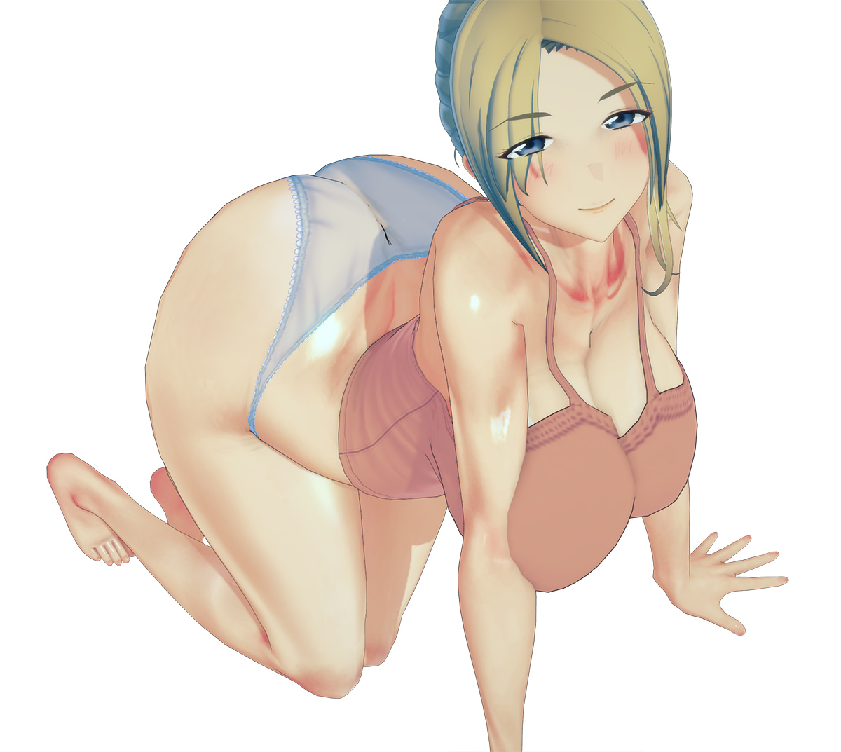 1girls, 3d, arm support, ass, ass cleavage, ass crack, big ass, big breasts, breasts, butt crack, clothed, clothing, cocoron, female, kamimura akiko, kneeling, koikatsu, looking at viewer, milf, mother, panties, simple background, sisters ~natsu no saigo no hi~, smile, solo, underwear