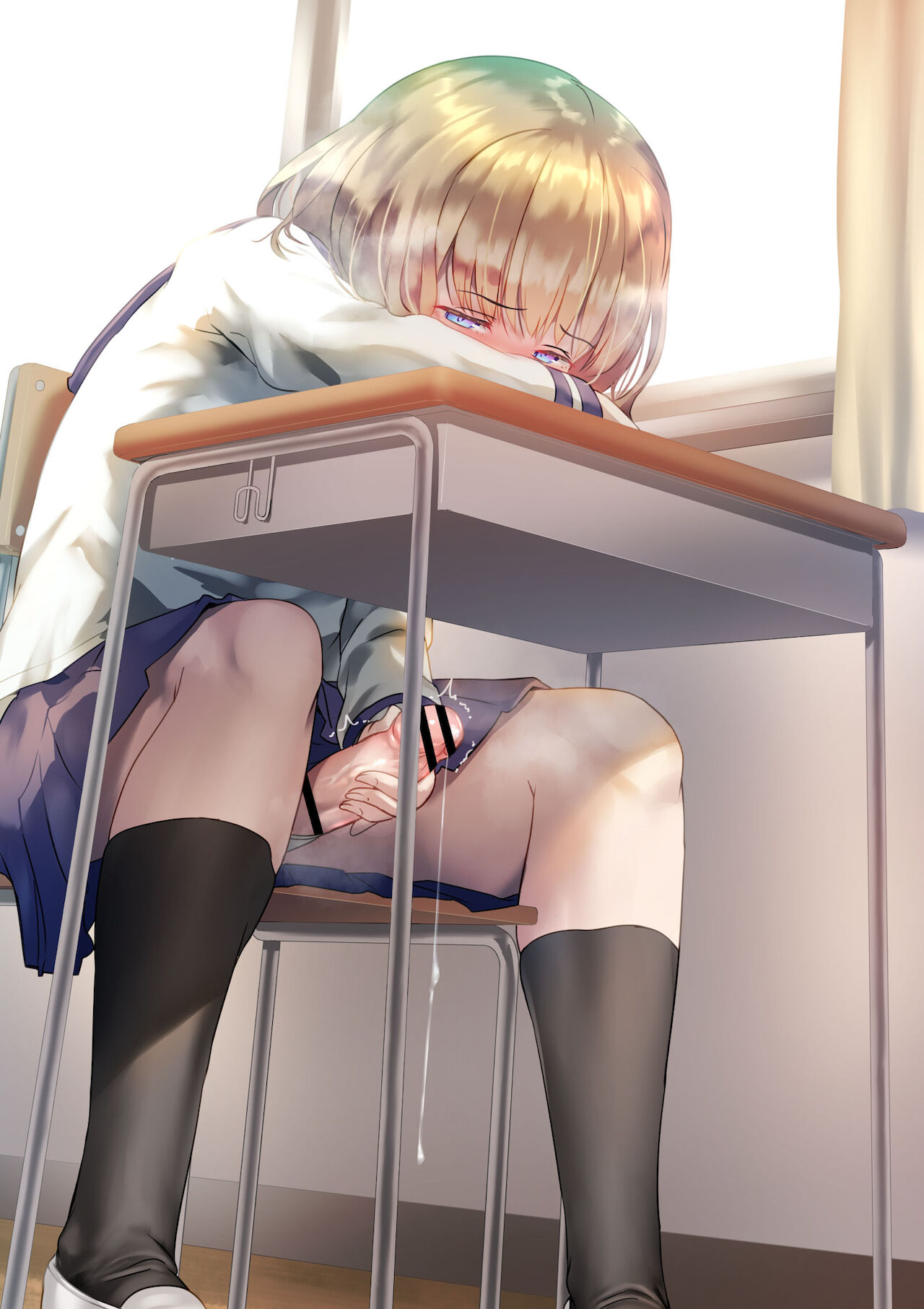 1futa, after masturbation, after orgasm, ayanakitori, bent over, big penis, blonde hair, boots, censor bar, censored, classroom, clothed, clothing, cum, erection, female, futa only, futanari, intersex, light skin, light-skinned futa, masturbation, mostly clothed, penis, penis grab, school, school desk, school uniform, schoolgirl, skirt, socks, solo, stealth masturbation, table, twitch lines, under the table