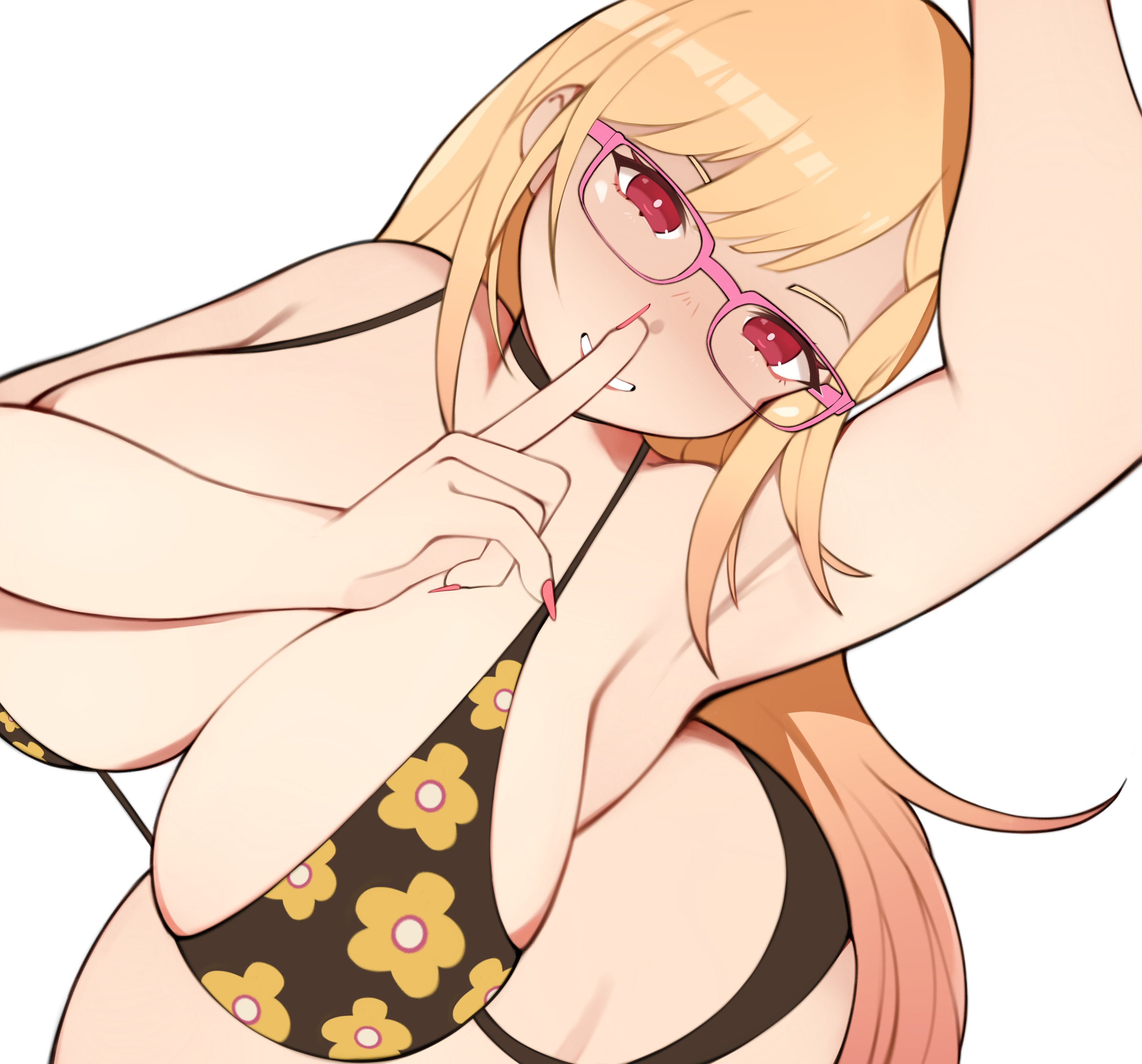 1girls, big breasts, bikini, blonde hair, blush, breasts, eye contact, female, female focus, female only, glasses, gyaru, kitagawa marin, long hair, looking at viewer, melonpuff, red eyes, solo, sono bisque doll wa koi wo suru, thick thighs, wide hips