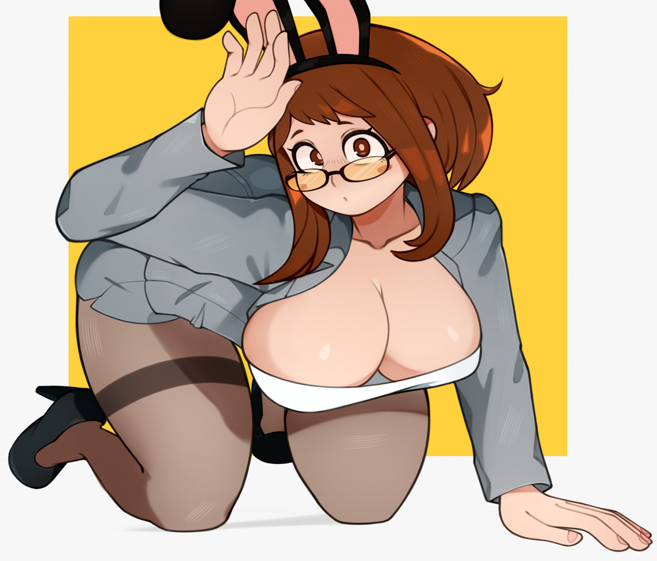 1girls, big breasts, breasts, brown eyes, brown hair, brown-haired female, bunny ears, eye contact, female, female focus, female only, glasses, hanging breasts, high heels, huge breasts, looking at viewer, melonpuff, my hero academia, ochako uraraka, pantyhose, solo, thick thighs