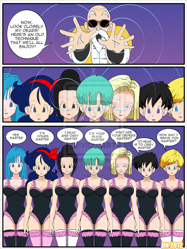 1boy 3:4 6+girls 7girls android android_18 aqua_hair big_breasts black_hair blonde_hair blue_eyes blue_hair bob_cut breasts brown_eyes bulma_briefs chichi dark_blue_hair dragon_ball dragon_ball_(classic) dragon_ball_z erasa female fringe good_launch hypnosis hypnotized jimryu launch long_hair male maron master_roshi medium_hair mind_control multiple_girls petite short_hair spiral_eyes tied_hair videl