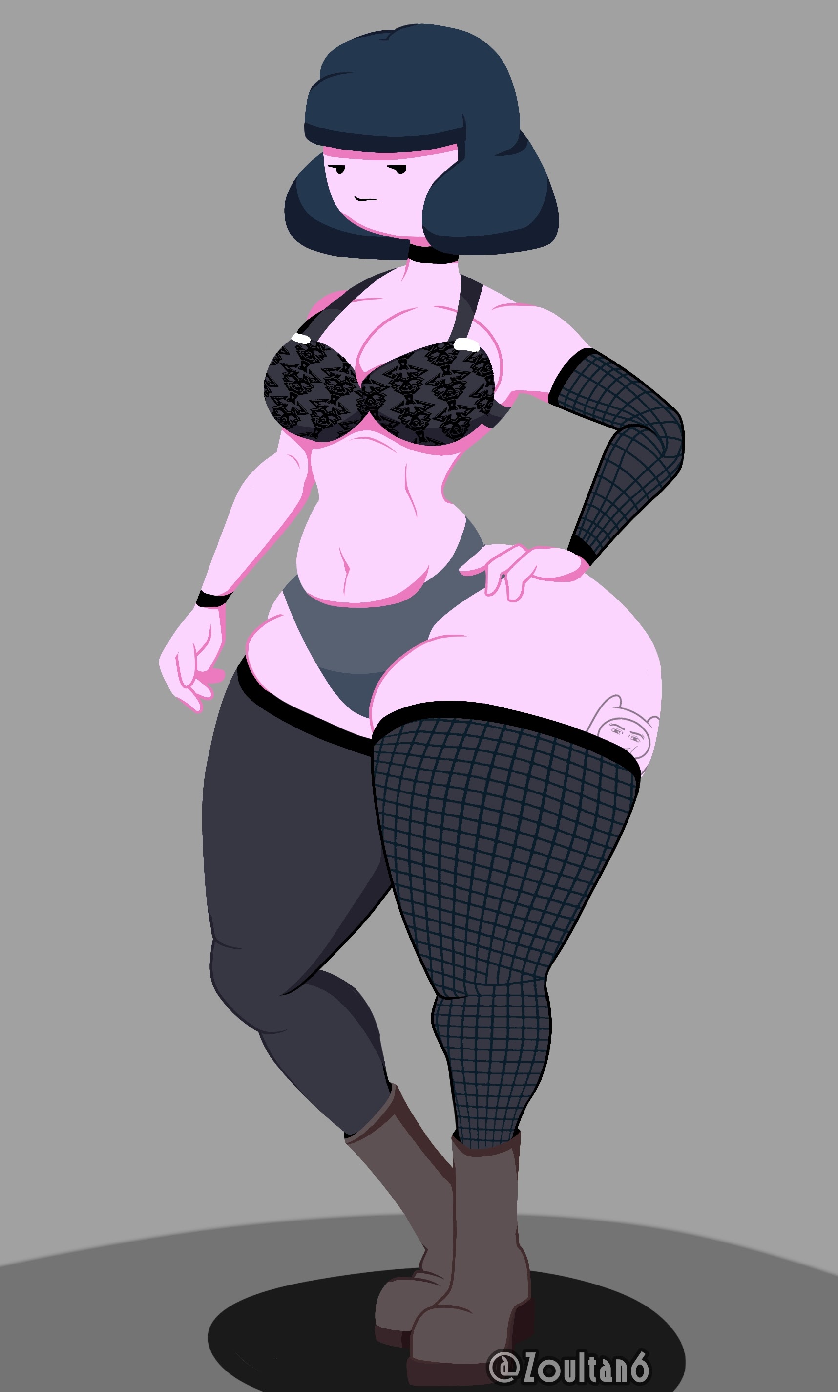 1girls, adventure time, ass, big ass, black hair, female, female only, goth, pinup, princess bubblegum, short hair, small waist, tattoo, tattoo on butt, wide hips, zoultan