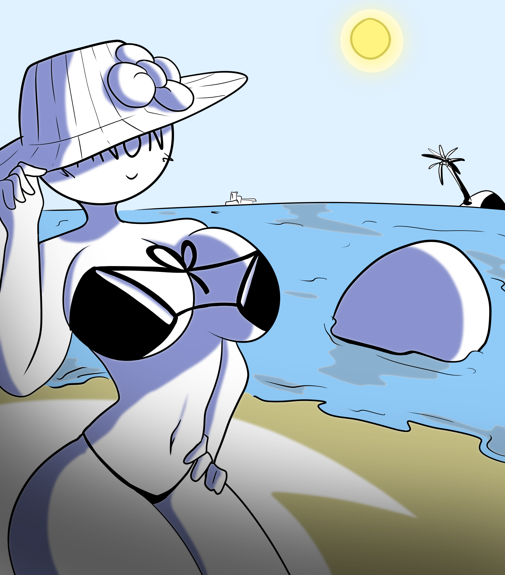 1girls, anon, anony (spicyhxzel), anonymous, anonymous female, anthro, beach, bikini, female, hat, smile, spicyhxzel (artist), women