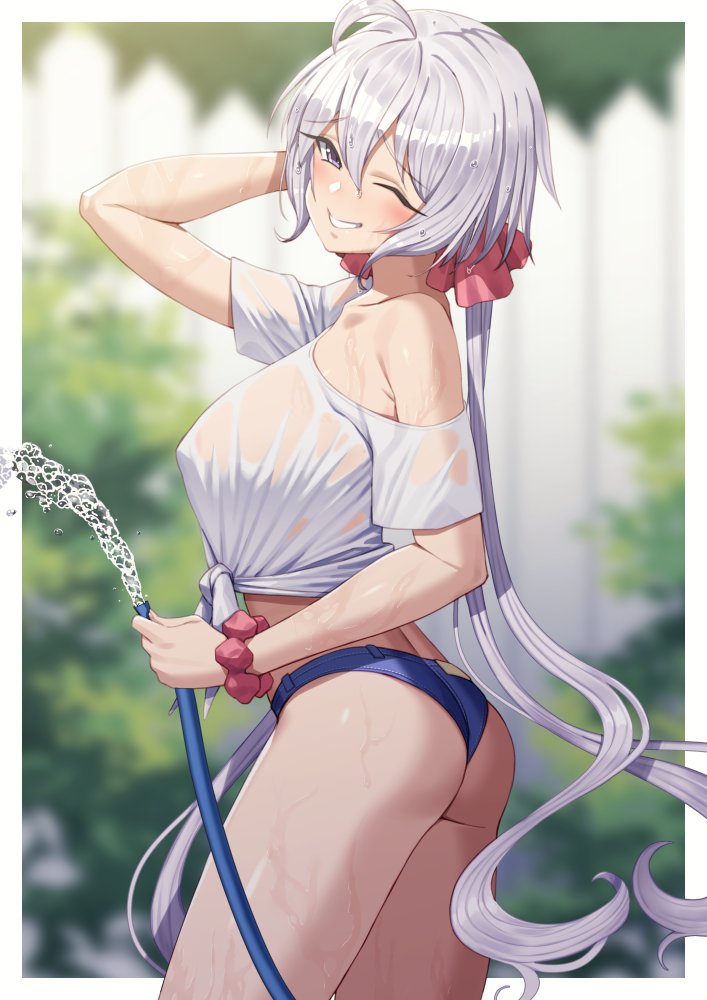 ;) ass blue_shorts blurry blurry_background breasts female fence from_side grey_hair hair_between_eyes holding holding_hose hose large_breasts long_hair looking_at_viewer low_twintails midriff off-shoulder_shirt off_shoulder one_eye_closed outdoors parted_lips pink_scrunchie purple_eyes scrunchie senki_zesshou_symphogear shirt short_shorts shorts smile solo tied_shirt tsukamoto_kensuke twintails very_long_hair water wet wet_clothes wet_hair wet_shirt white_shirt wooden_fence wrist_scrunchie yukine_chris