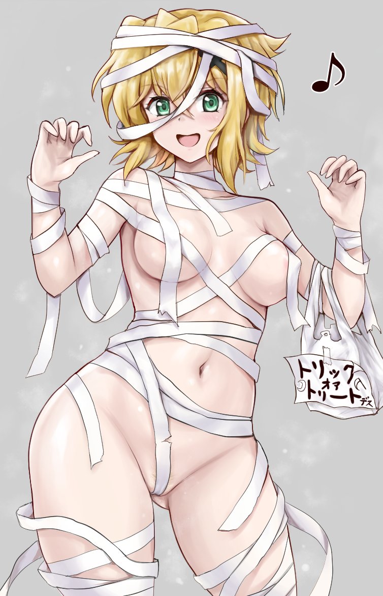 akatsuki_kirika bandaged_arm bandaged_chest bandaged_head bandaged_leg bandages blonde_hair breasts claw_pose covered_nipples female green_eyes hair_ornament halloween_costume looking_at_viewer medium_breasts mummy mummy_costume naked_bandage navel nude r-binon senki_zesshou_symphogear shiny_skin short_hair solo standing x_hair_ornament