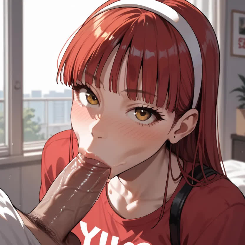 alternate_hair_color amagi_yukiko atlus bedroom blowjob blowjob_focus blush brown_eyes cock faceless_male female hairband persona_4 red_clothing red_hair secretly_loves_it