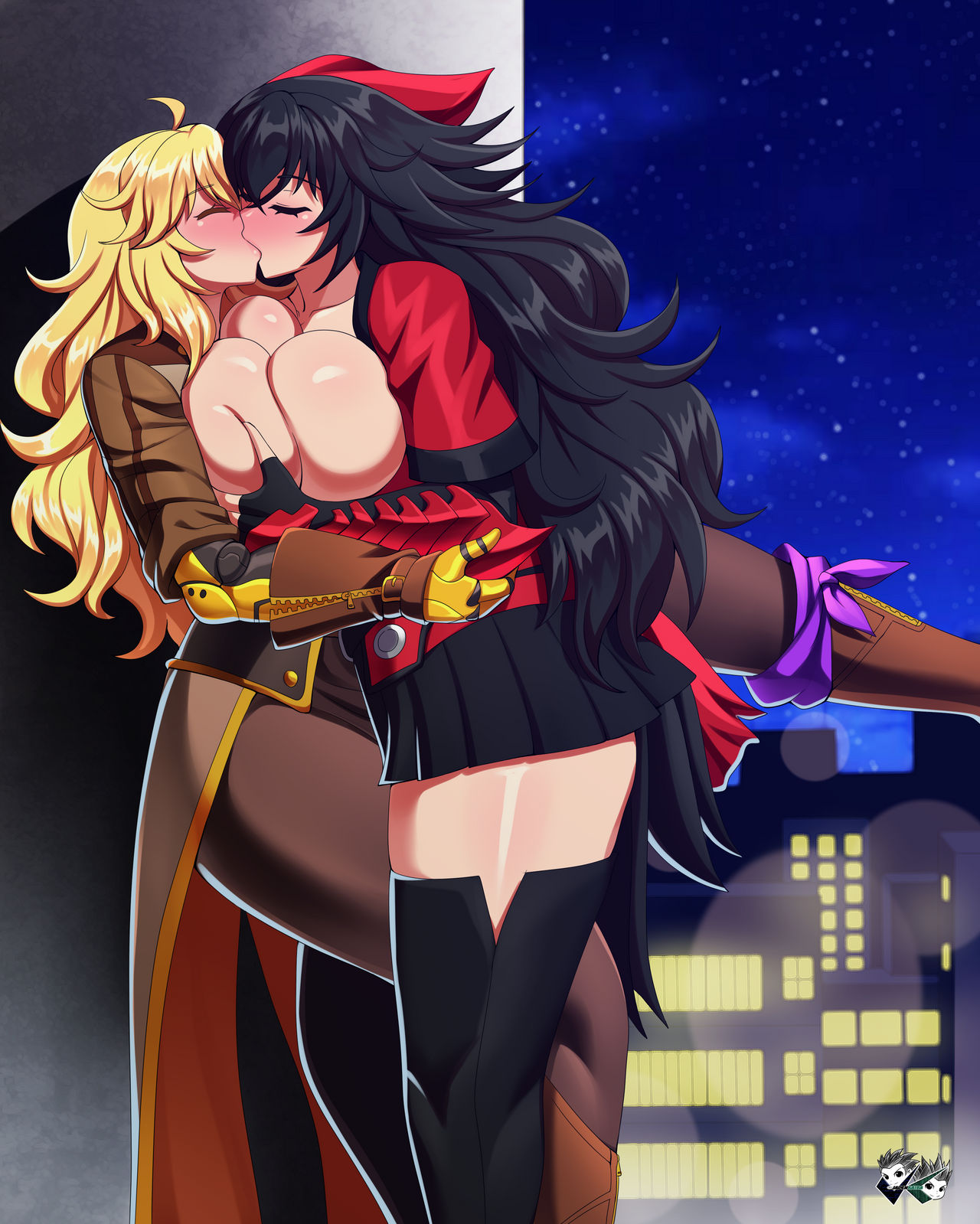 2girls black_hair blonde_hair blush boots breasts_out closed_eyes colored_eyelashes commission docking incest jadenkaiba kimono kissing large_breasts leather_jacket leg_up mother_and_daughter pressed_against_wall raven_branwen robotic_arm rwby skirt thighhighs thighs yang_xiao_long yuri