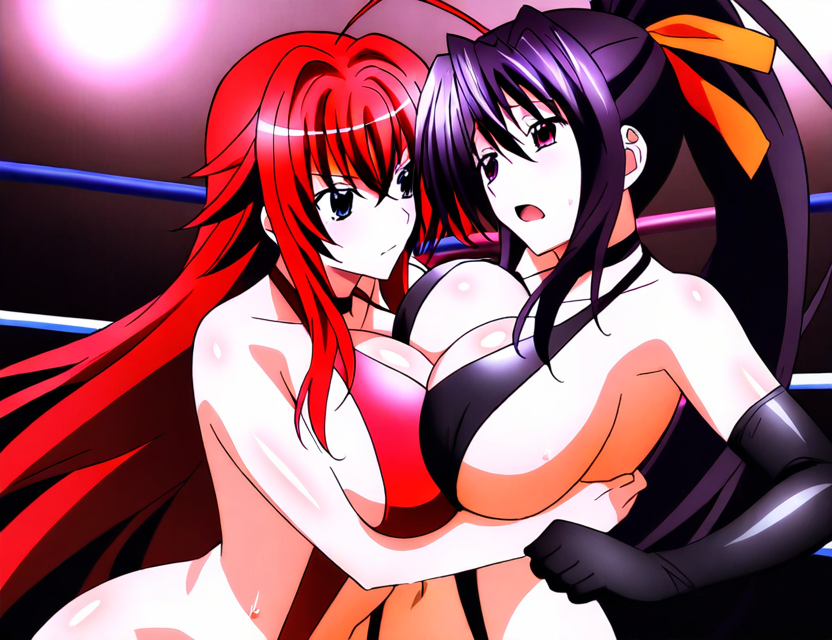 2girls ahoge ai_generated akeno_himejima antenna_hair big_breasts black_hair breasts_pressed_against_another breasts_to_breasts couple crimson_hair curvy female_only fighting_ring hair_ribbon high_school_dxd hugging lesbian light_skin looking_at_each_other orange_ribbon ponytail rias_gremory sky_blue_eyes very_long_hair violet_eyes voluptuous yuri